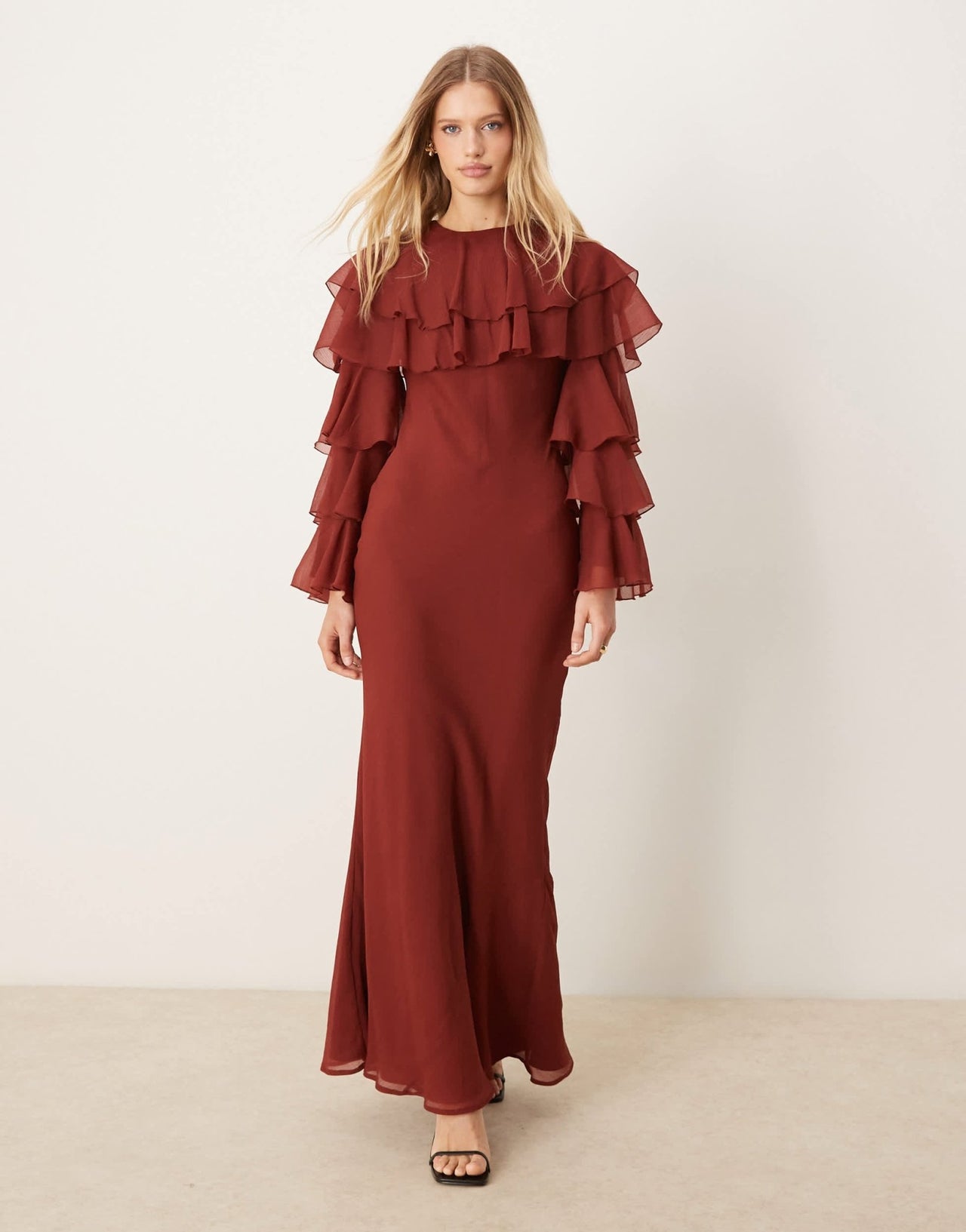 ASOS DESIGN tiered ruffle overlay bias maxi dress in deep chestnut - ASOS Sample Sale