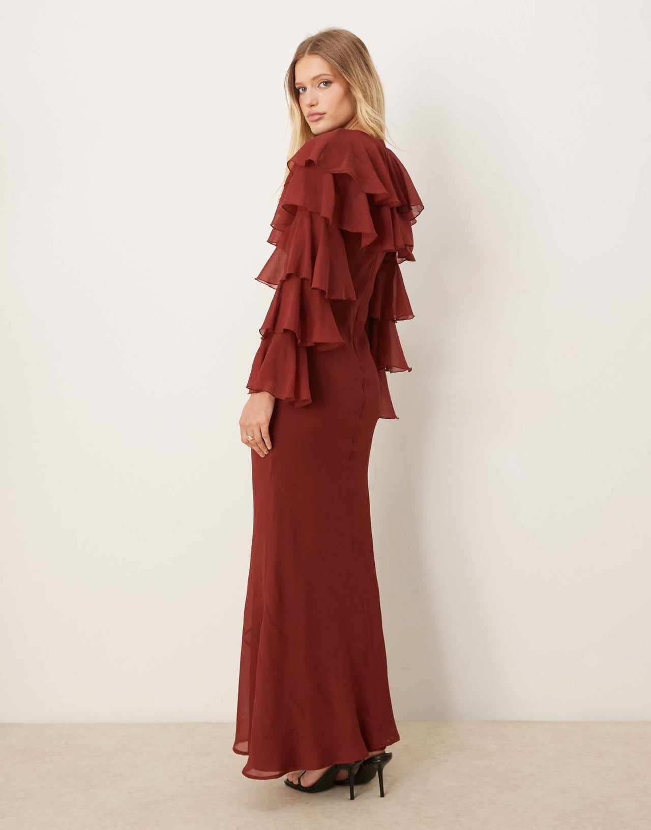 ASOS DESIGN tiered ruffle overlay bias maxi dress in deep chestnut - ASOS Sample Sale