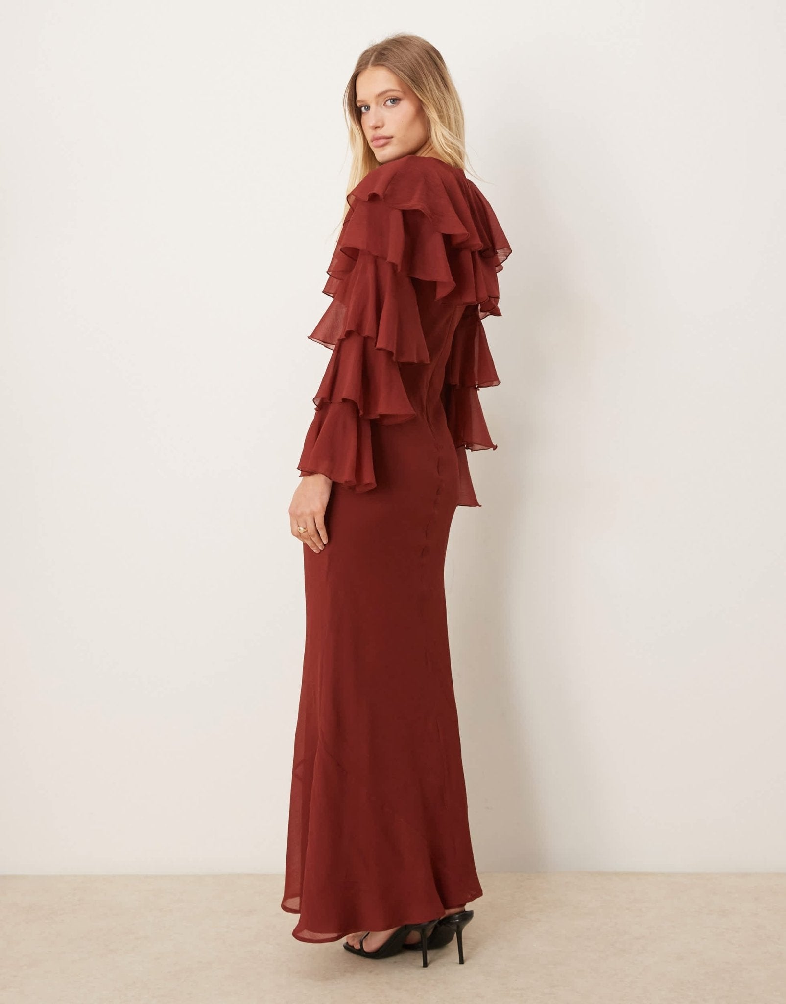 ASOS DESIGN tiered ruffle overlay bias maxi dress in deep chestnut - ASOS Sample Sale