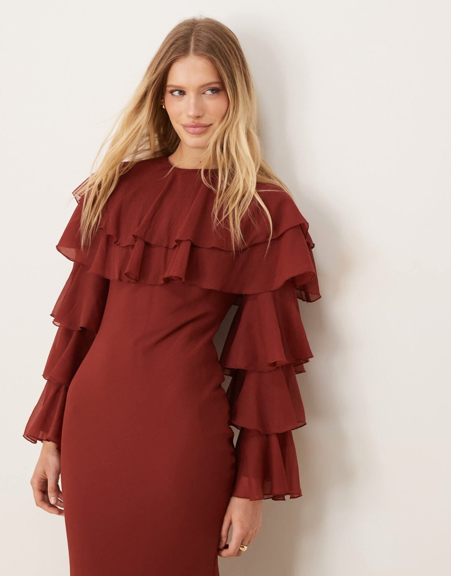 ASOS DESIGN tiered ruffle overlay bias maxi dress in deep chestnut - ASOS Sample Sale