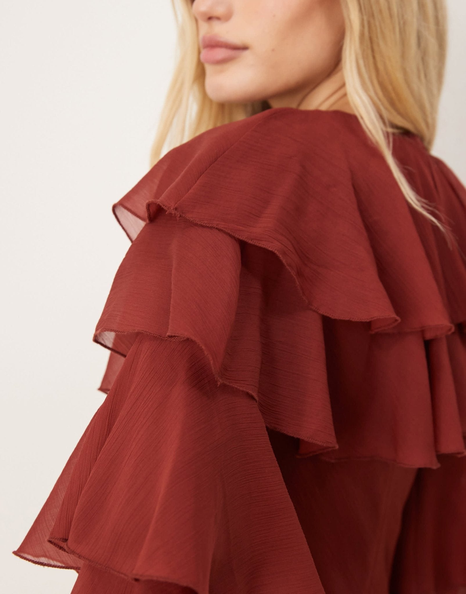 ASOS DESIGN tiered ruffle overlay bias maxi dress in deep chestnut - ASOS Sample Sale