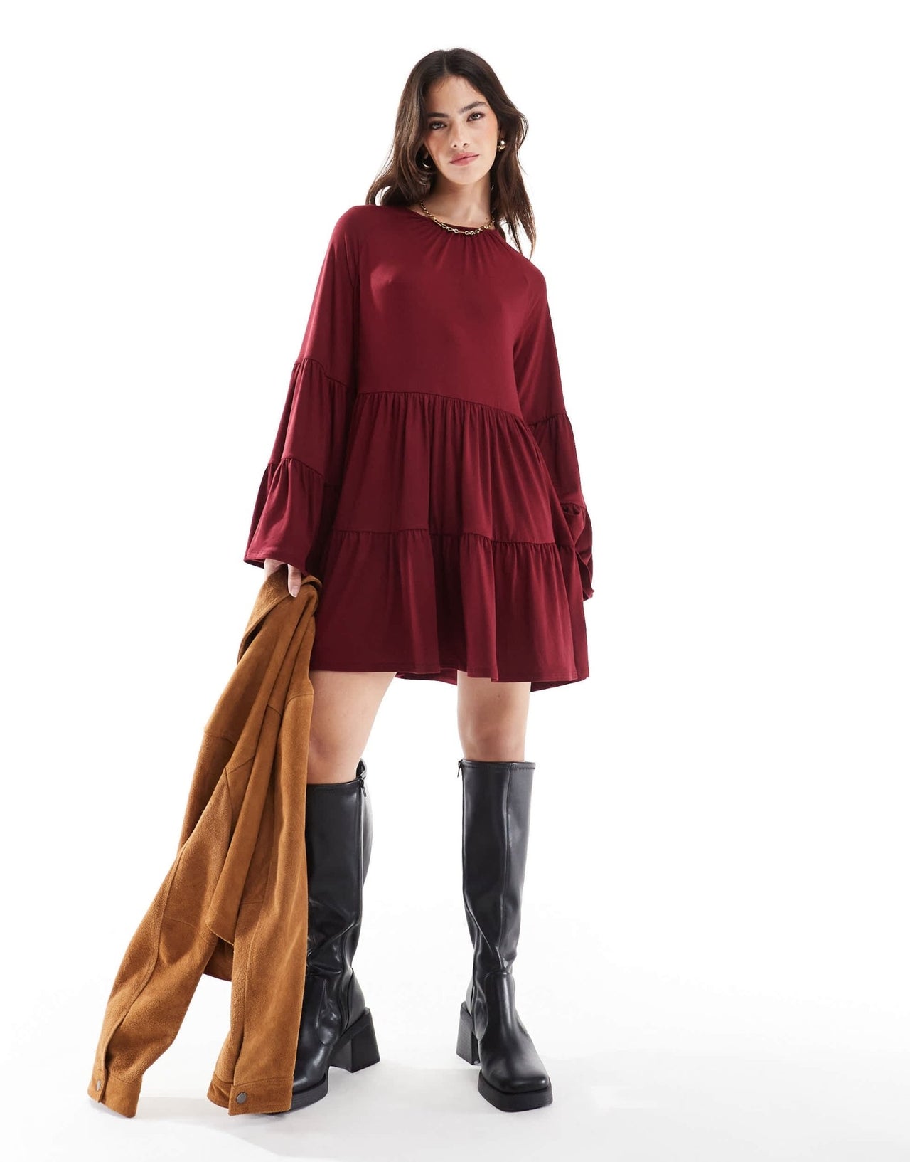 ASOS DESIGN tiered smock mini dress in burgundy - ASOS Sample Sale