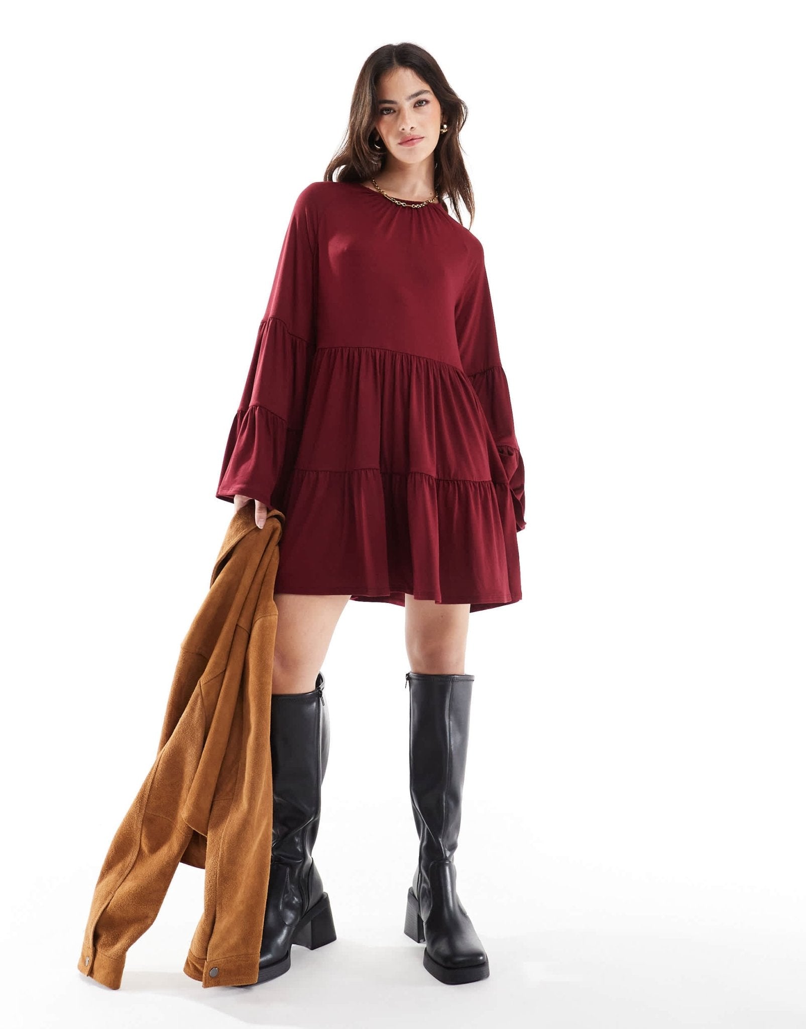 ASOS DESIGN tiered smock mini dress in burgundy - ASOS Sample Sale