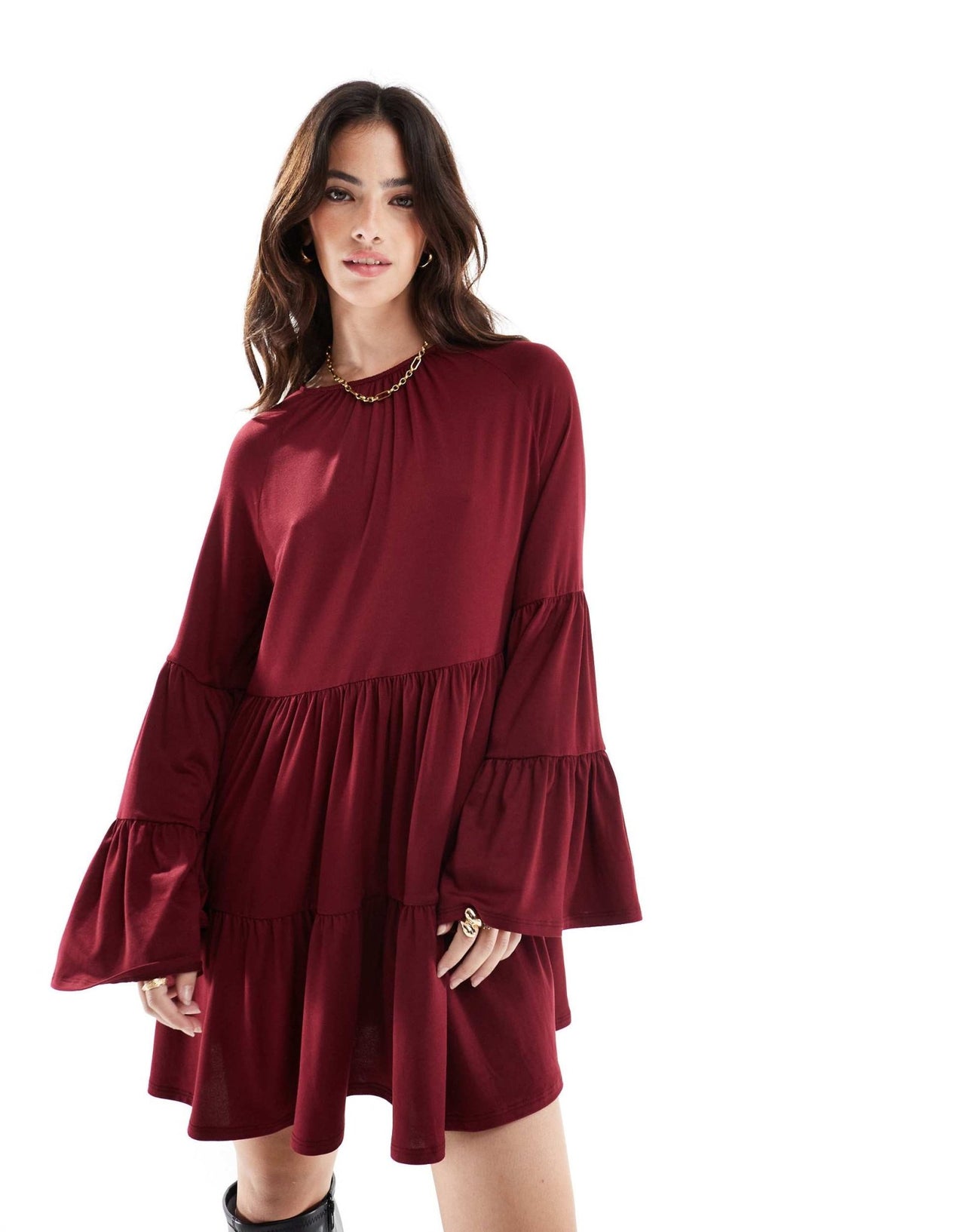 ASOS DESIGN tiered smock mini dress in burgundy - ASOS Sample Sale