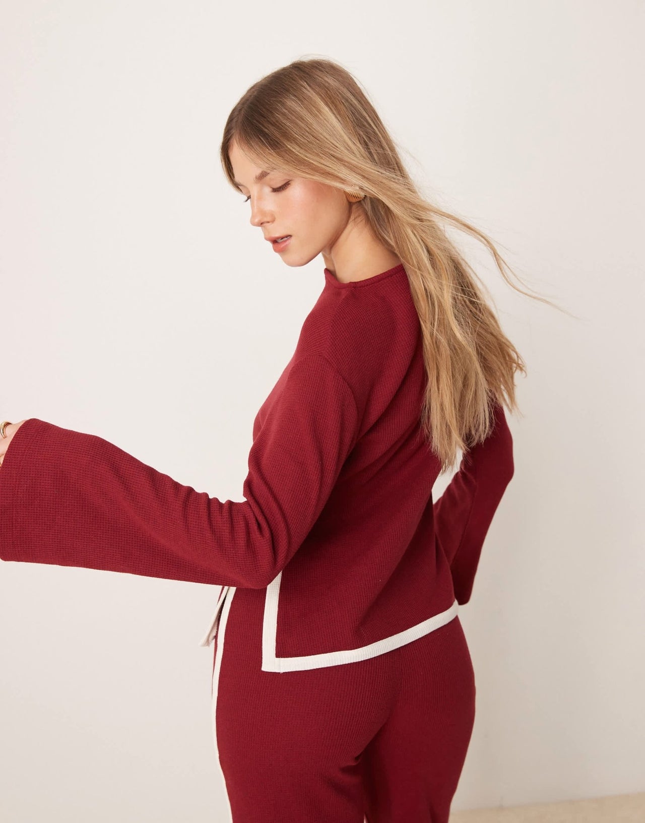 ASOS DESIGN tipped waffle co ord top with flare sleeve in burgundy - ASOS Sample Sale
