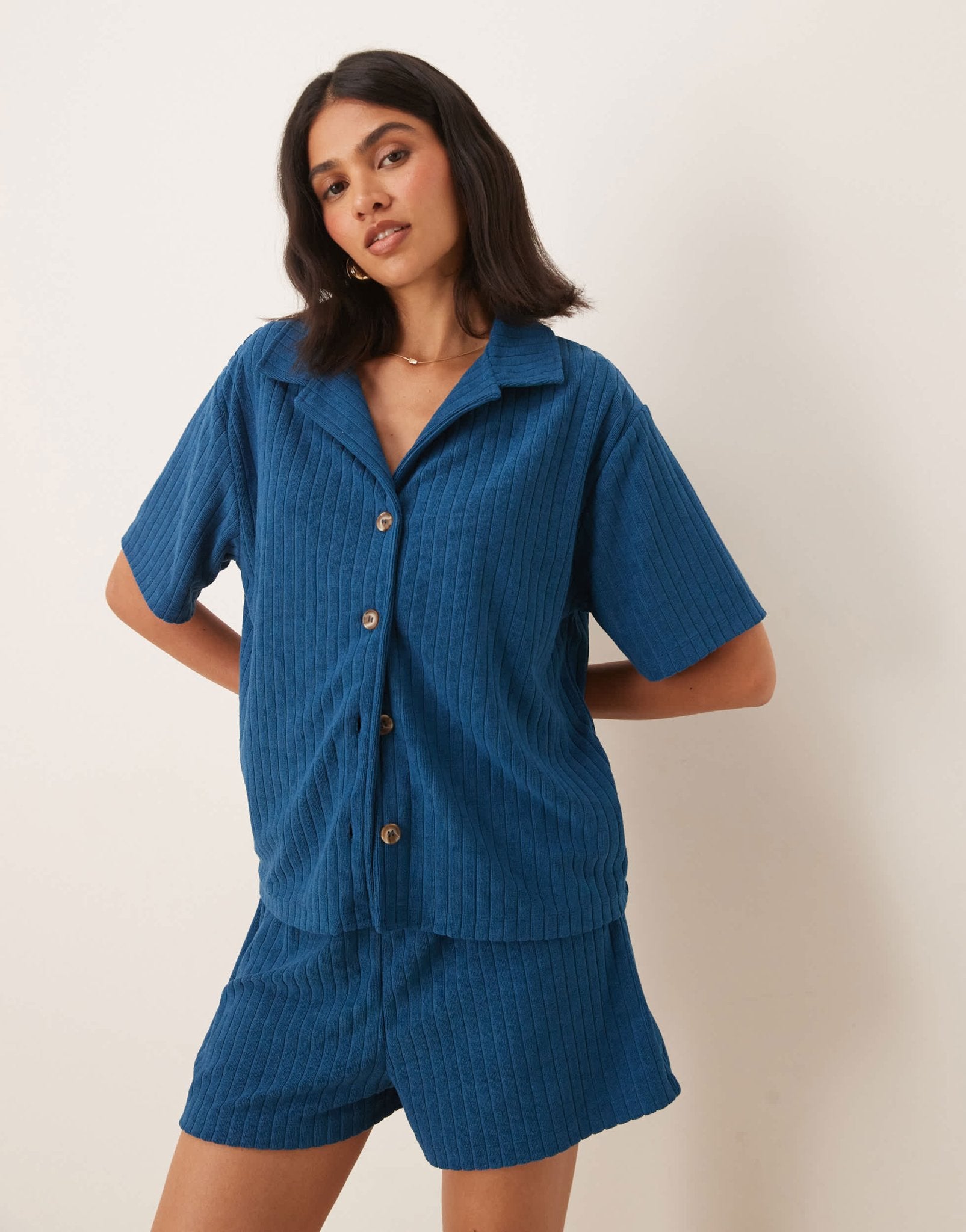 ASOS DESIGN towelling revere shirt co-ord in blue - ASOS Sample Sale