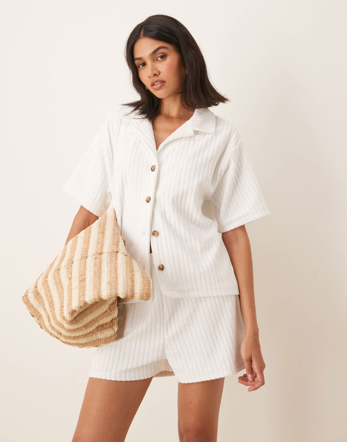 ASOS DESIGN towelling revere shirt co-ord in white - ASOS Sample Sale