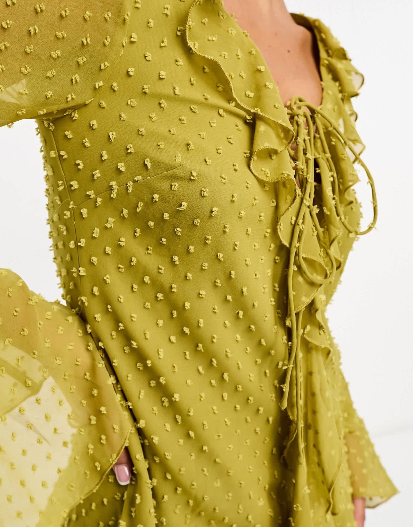 ASOS DESIGN tufted dobby chiffon mini dress with ruffles and tie neck detail in olive - ASOS Sample Sale