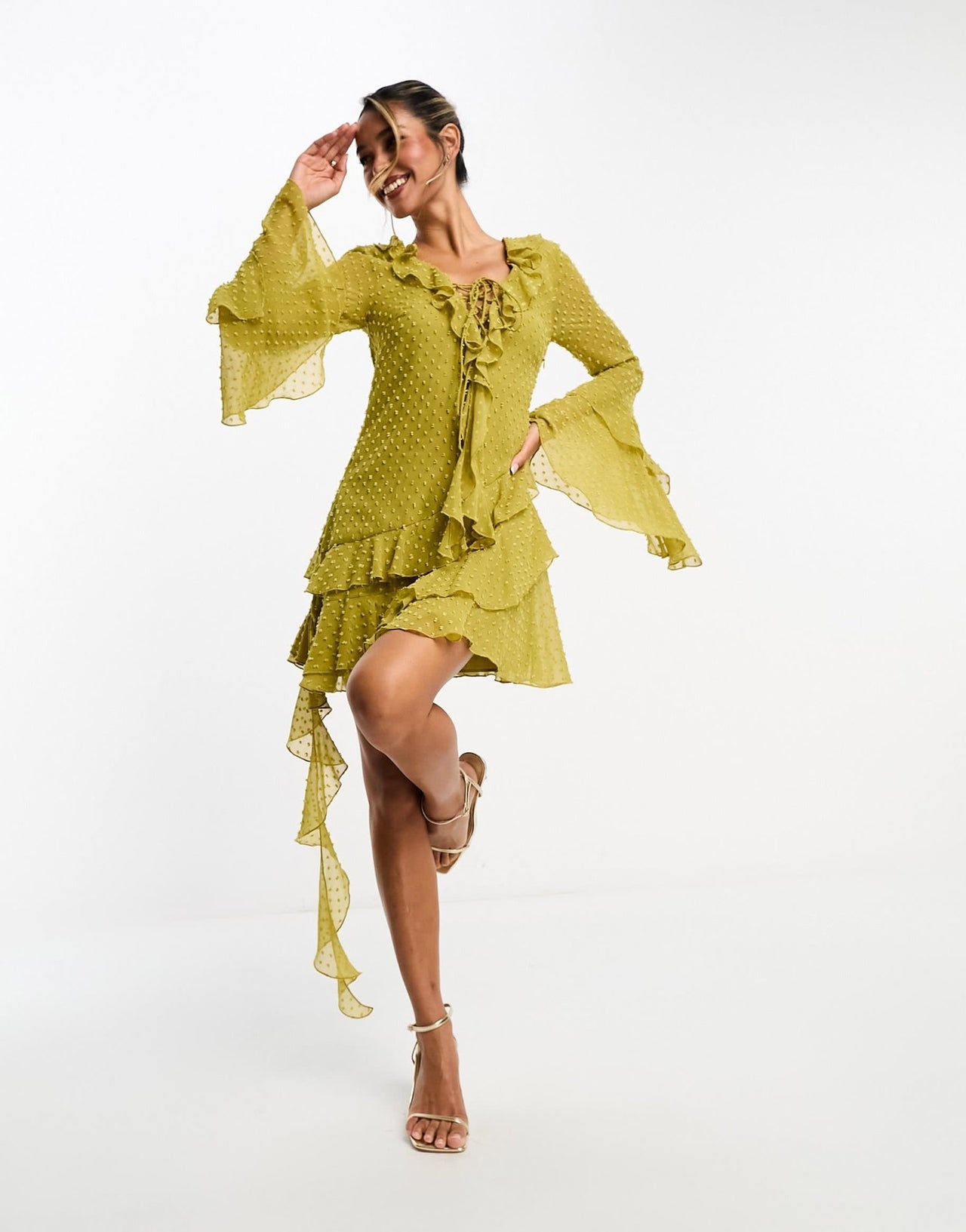 ASOS DESIGN tufted dobby chiffon mini dress with ruffles and tie neck detail in olive - ASOS Sample Sale