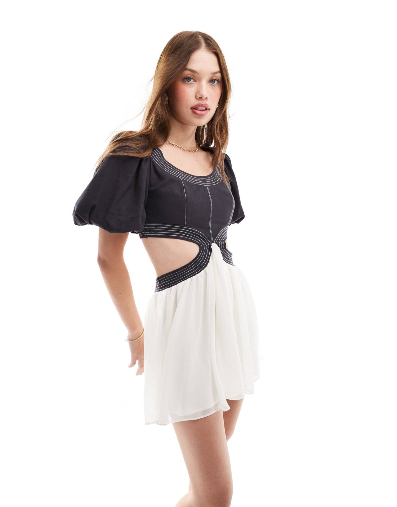 ASOS DESIGN twill & georgette mix blouson sleeve cut out mini dress in black & cream contrast - ASOS Sample Sale