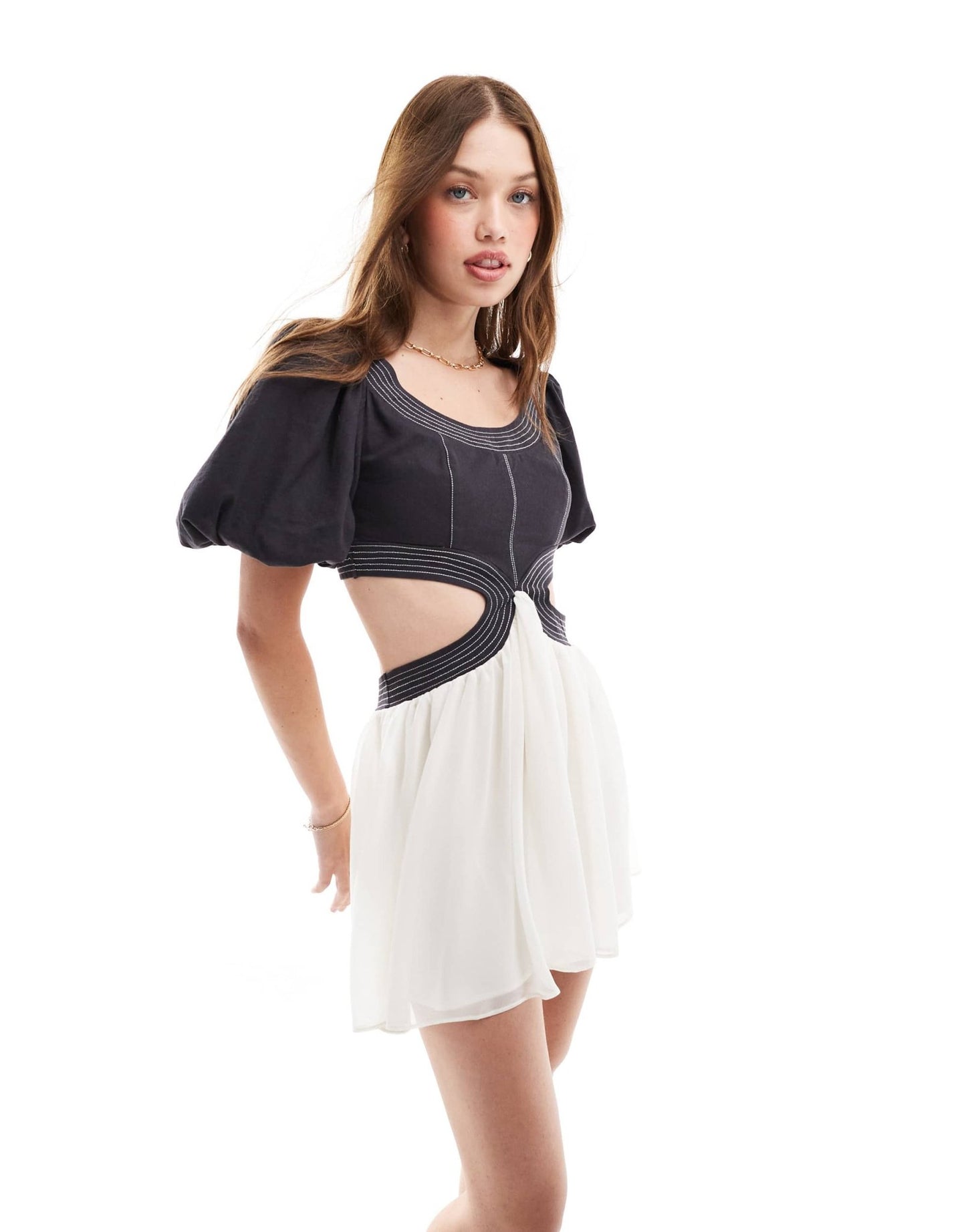 ASOS DESIGN twill & georgette mix blouson sleeve cut out mini dress in black & cream contrast - ASOS Sample Sale