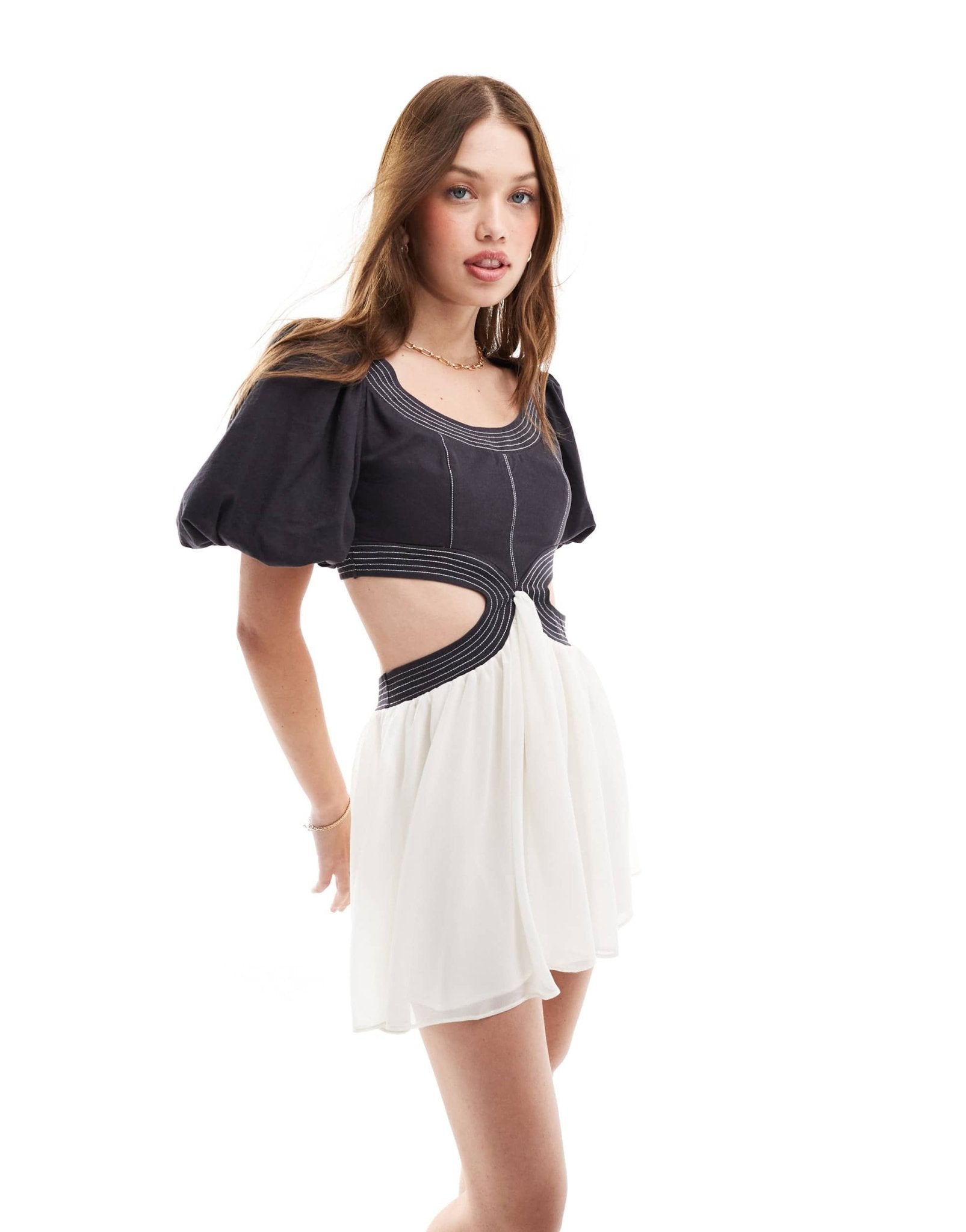 ASOS DESIGN twill & georgette mix blouson sleeve cut out mini dress in black & cream contrast - ASOS Sample Sale