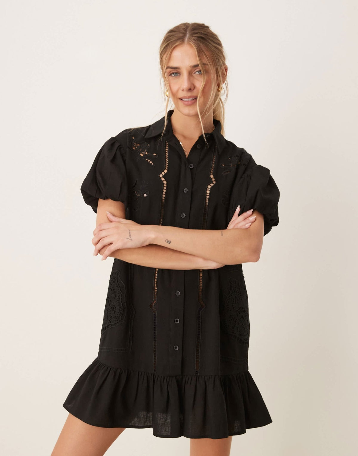 ASOS DESIGN twill short sleeve broderie mini shirt dress with tonal stitching in black - ASOS Sample Sale