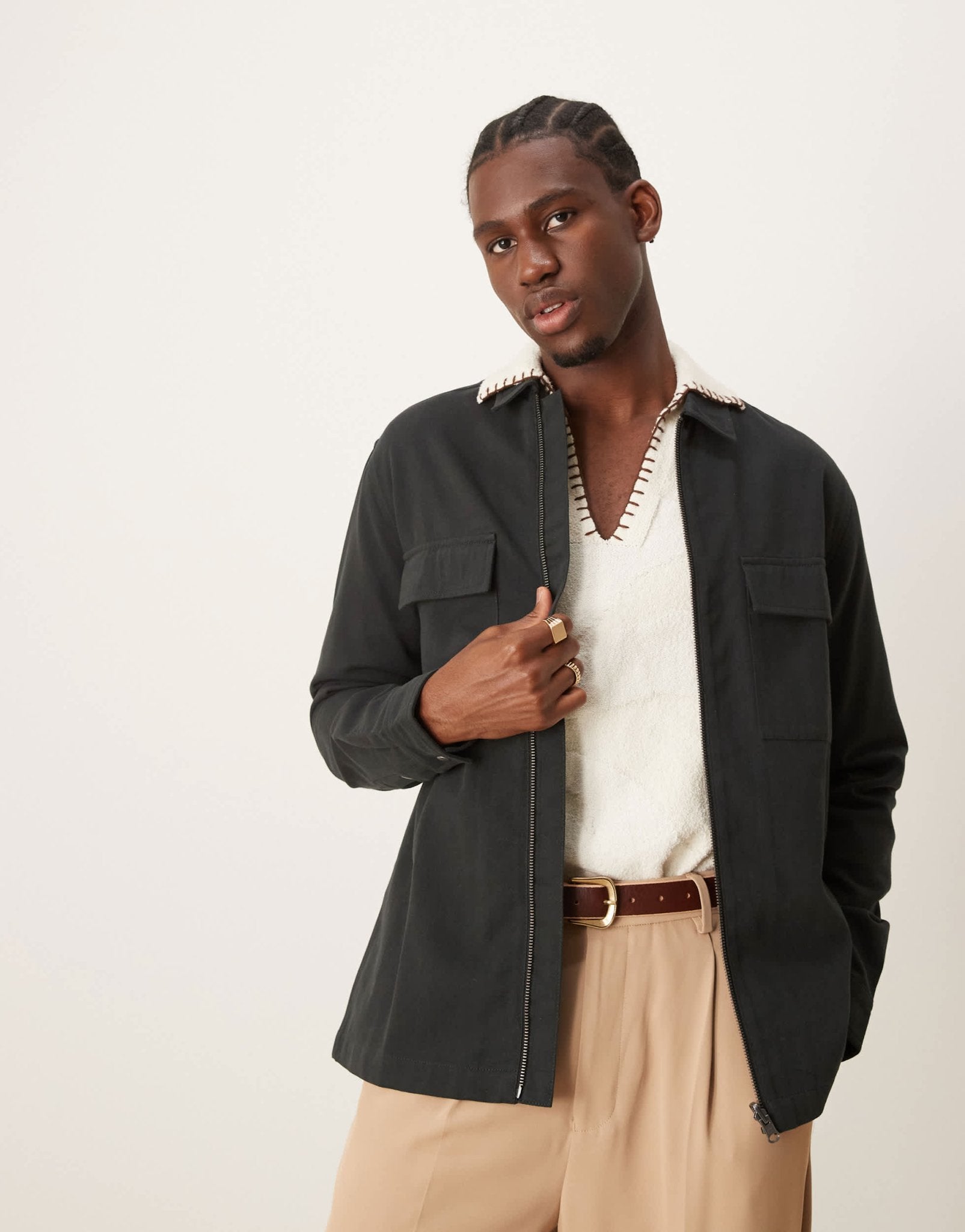 ASOS DESIGN twill zip through overshirt in black - BLACK - ASOS Sample Sale
