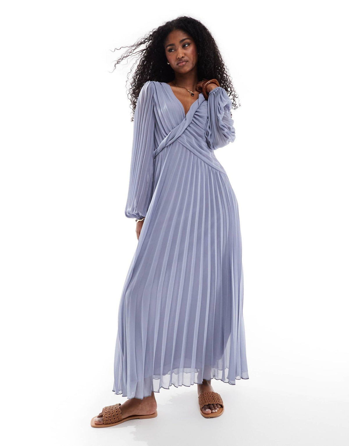 ASOS DESIGN twist detail wrap front pleated midi dress in dusky blue - ASOS Sample Sale