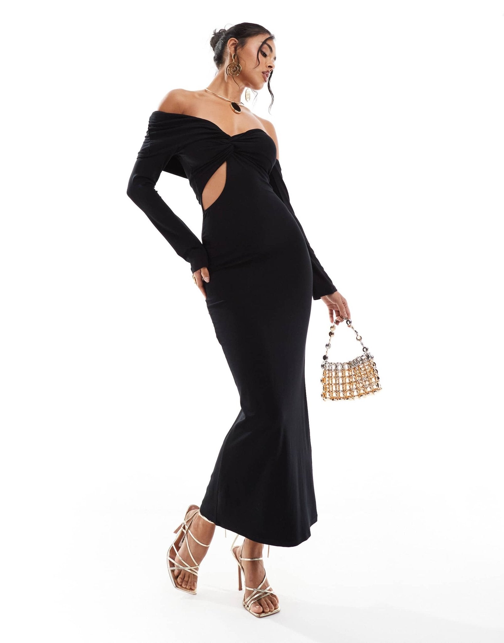 ASOS DESIGN twist front bardot midi dress with shaped front cut out in black - ASOS Sample Sale