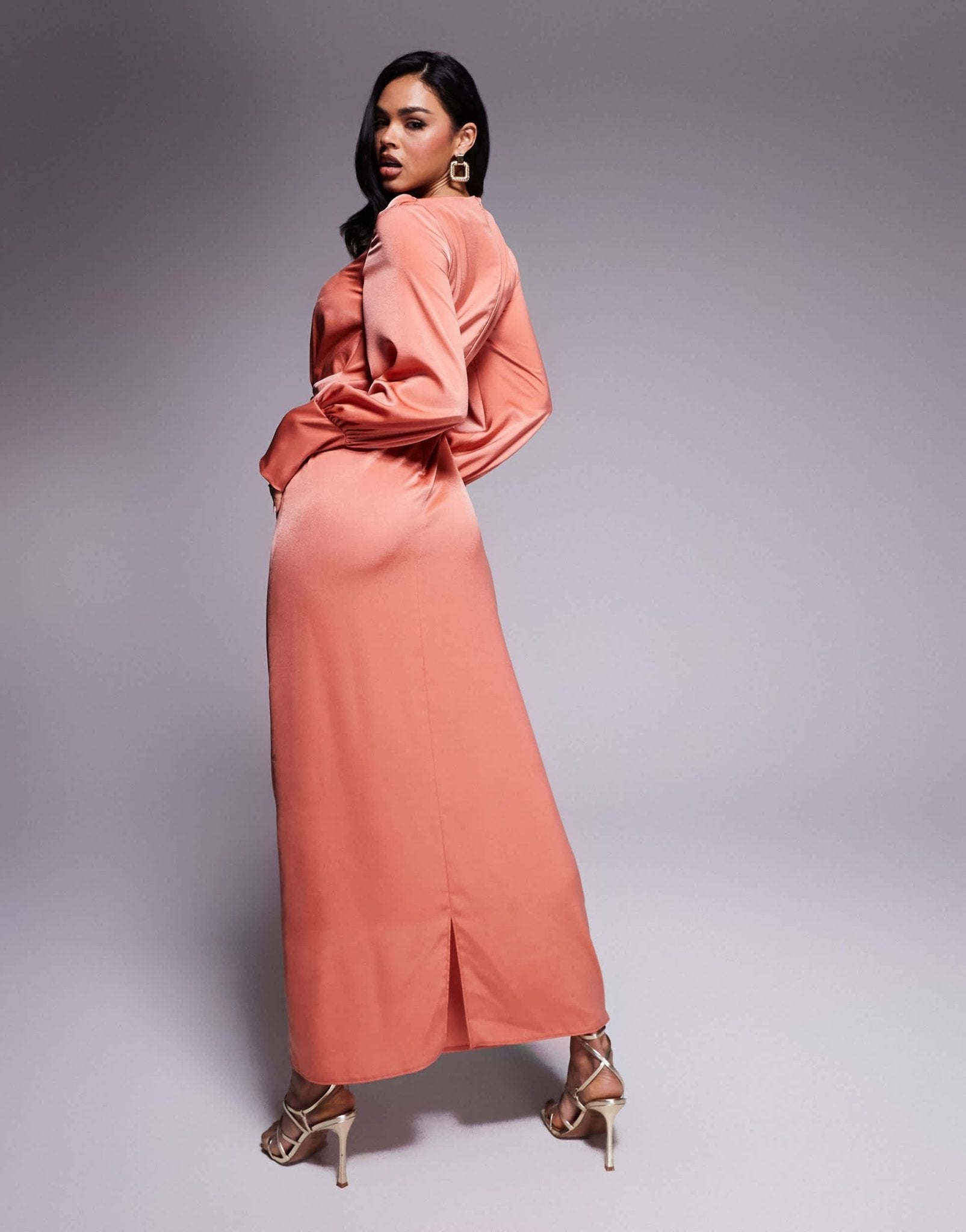 ASOS DESIGN twist front bias satin maxi dress with gold hardware in light copper - ASOS Sample Sale