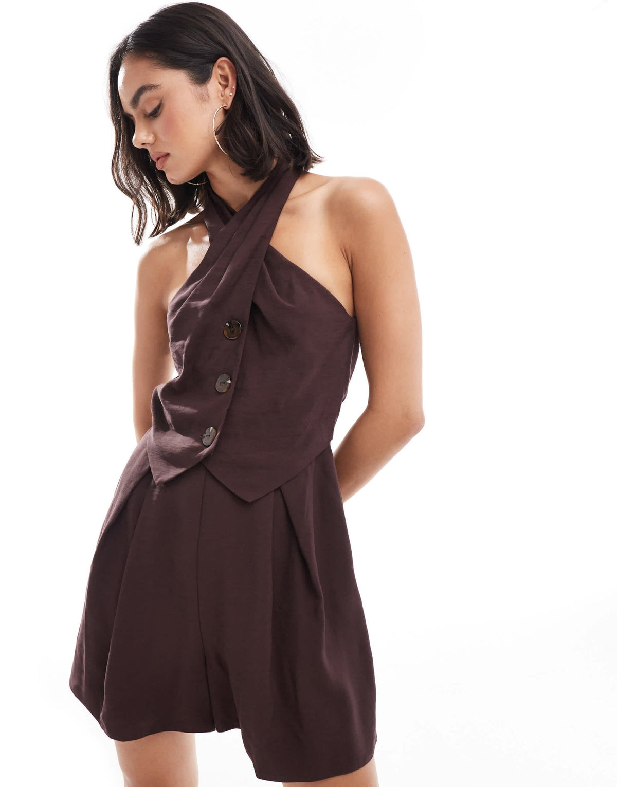 ASOS DESIGN twist neck button through playsuit in chocolate - ASOS Sample Sale
