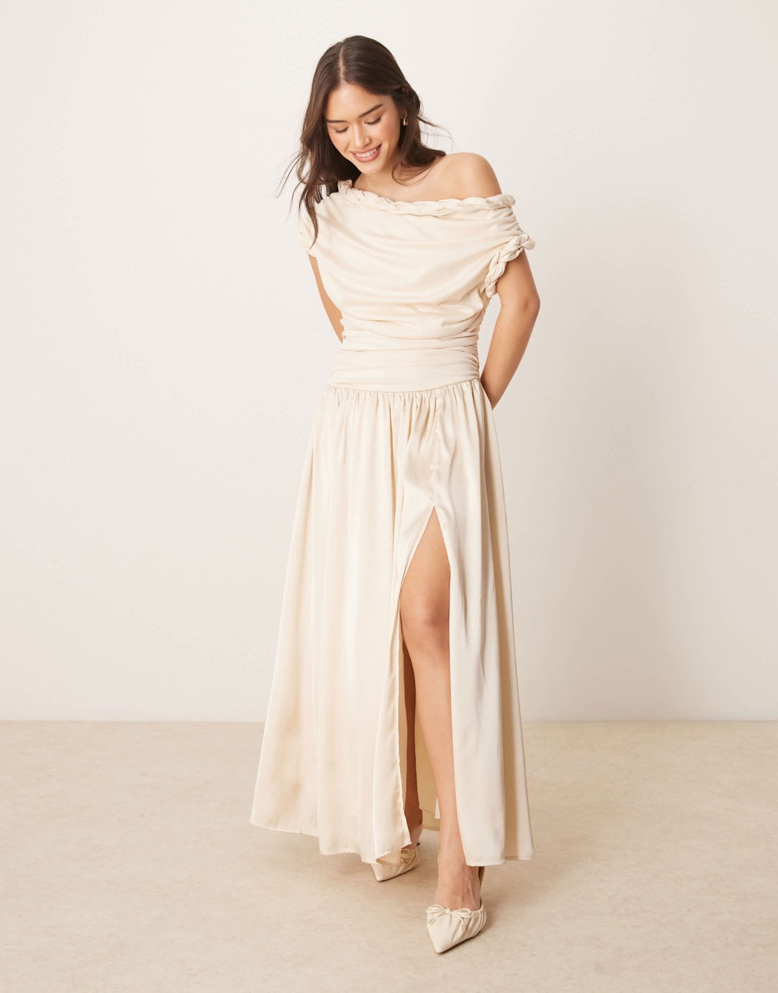 ASOS DESIGN twist neckline ruched bodice with satin skirt midi dress in cream - ASOS Sample Sale