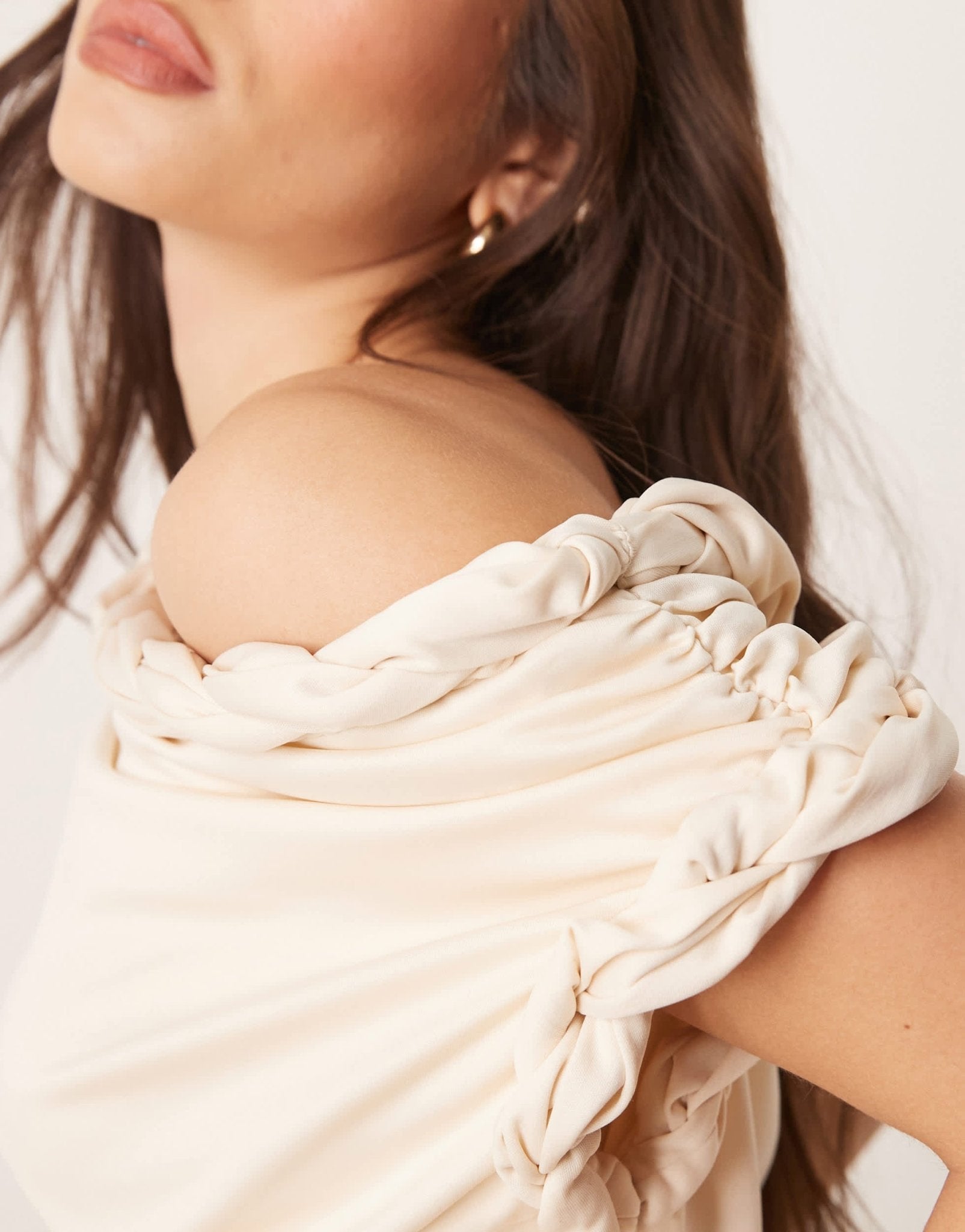ASOS DESIGN twist neckline ruched bodice with satin skirt midi dress in cream - ASOS Sample Sale