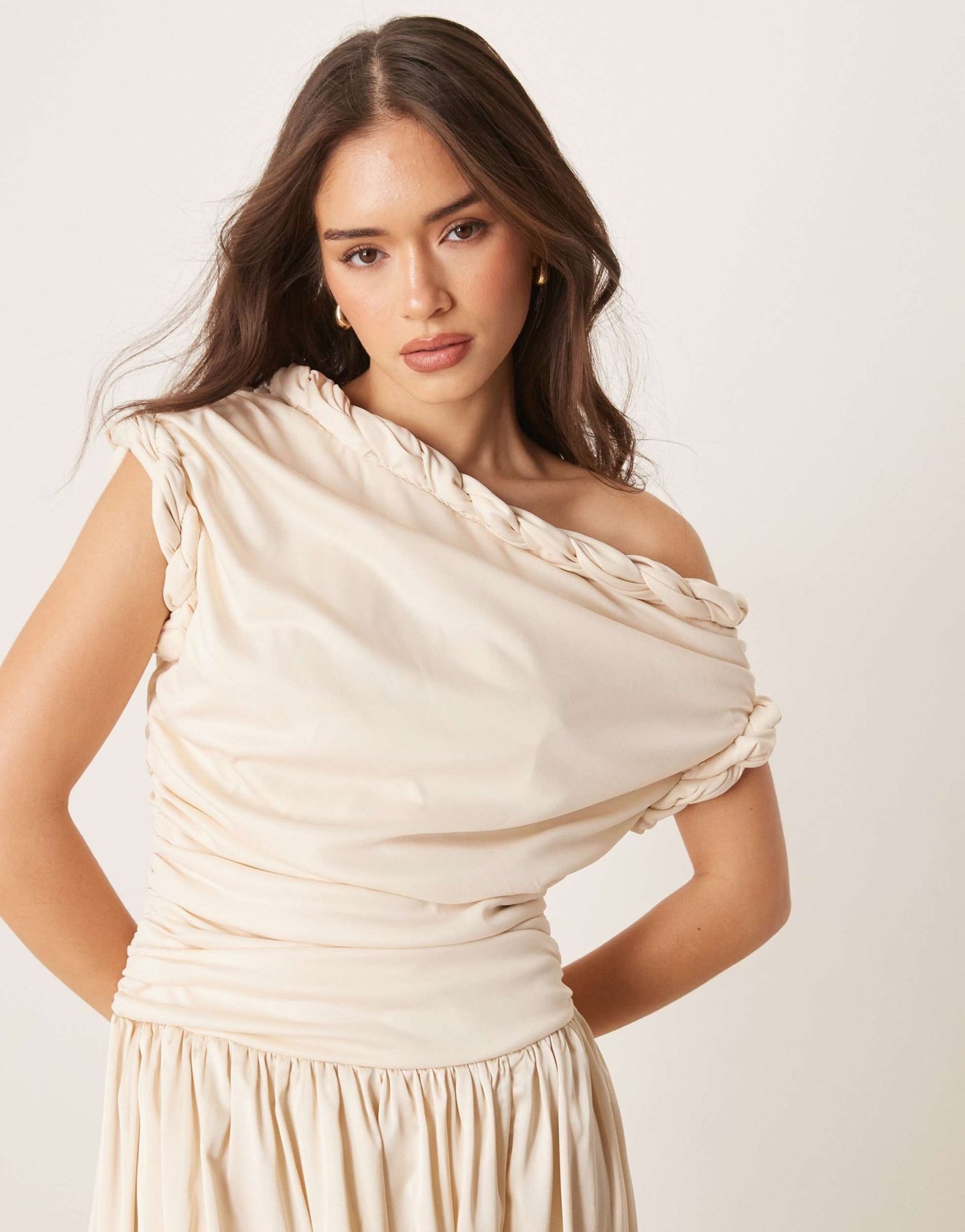 ASOS DESIGN twist neckline ruched bodice with satin skirt midi dress in cream - ASOS Sample Sale