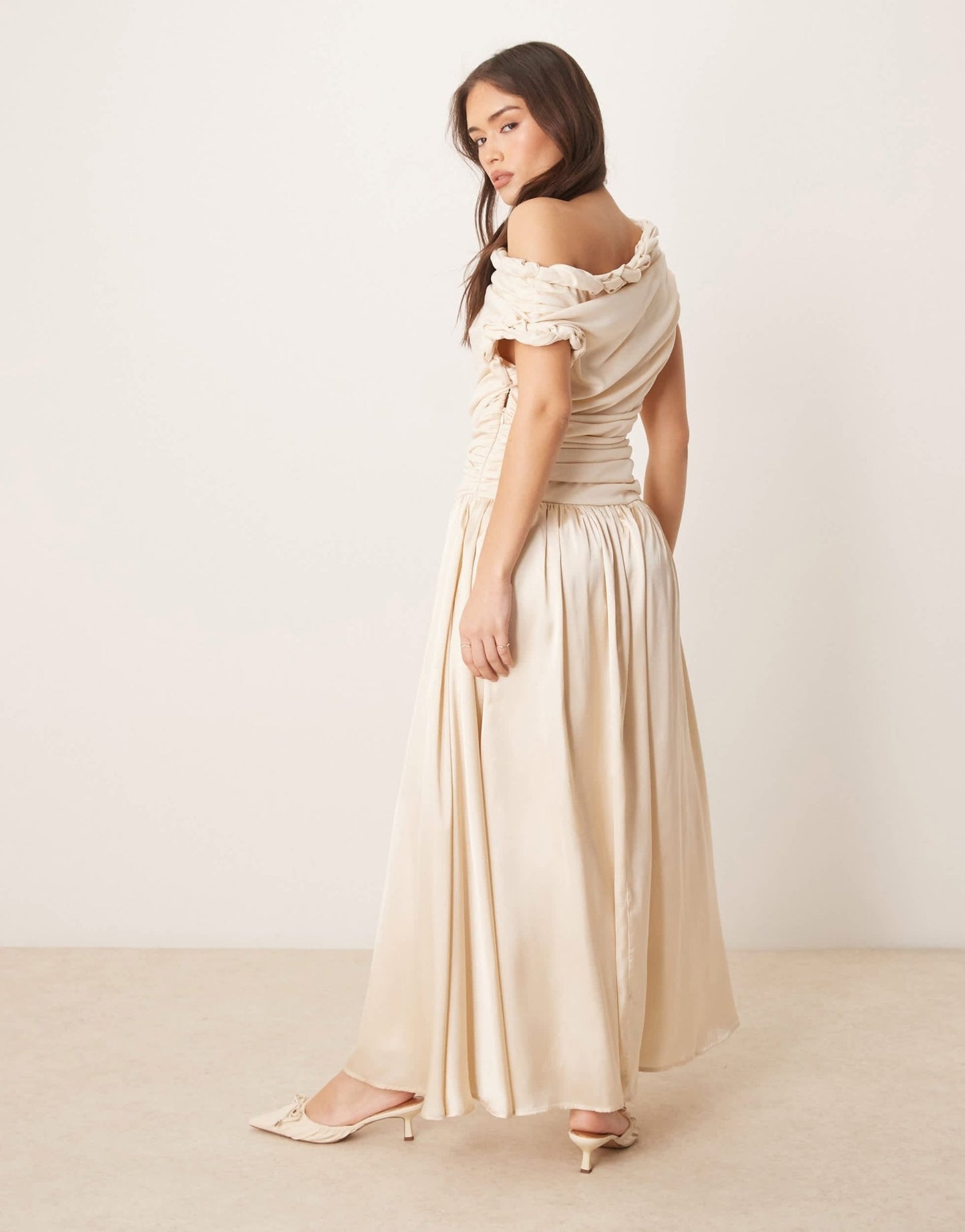 ASOS DESIGN twist neckline ruched bodice with satin skirt midi dress in cream - ASOS Sample Sale