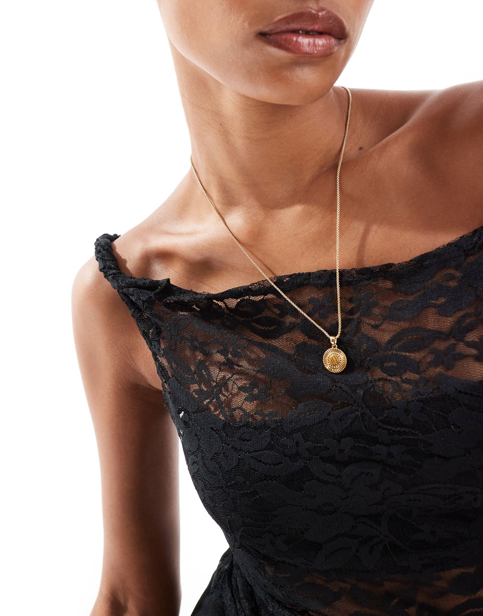 ASOS DESIGN twist off shoulder asymmetric top in black lace - ASOS Sample Sale