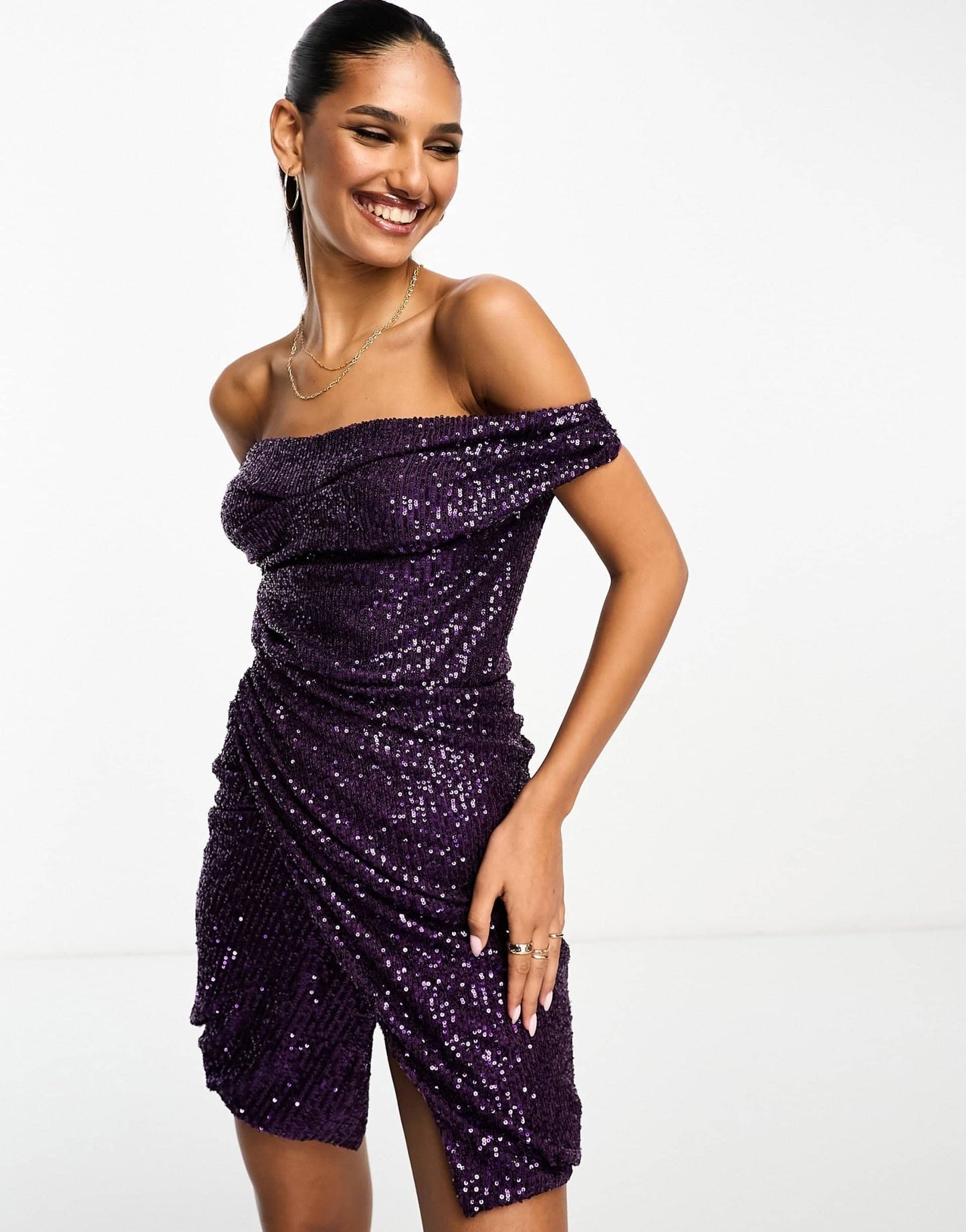 ASOS DESIGN twist off shoulder bardot sequin mini dress in purple - ASOS Sample Sale