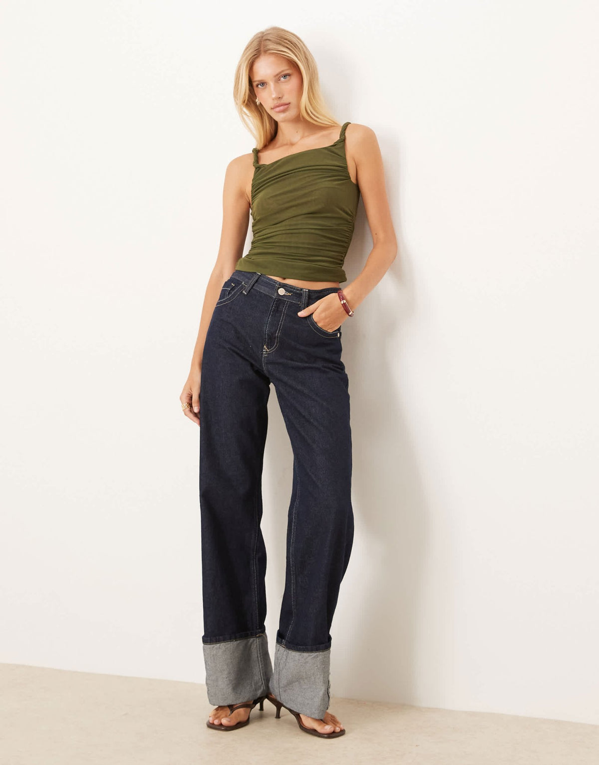 ASOS DESIGN twist sheer mesh ruched side top in olive - ASOS Sample Sale