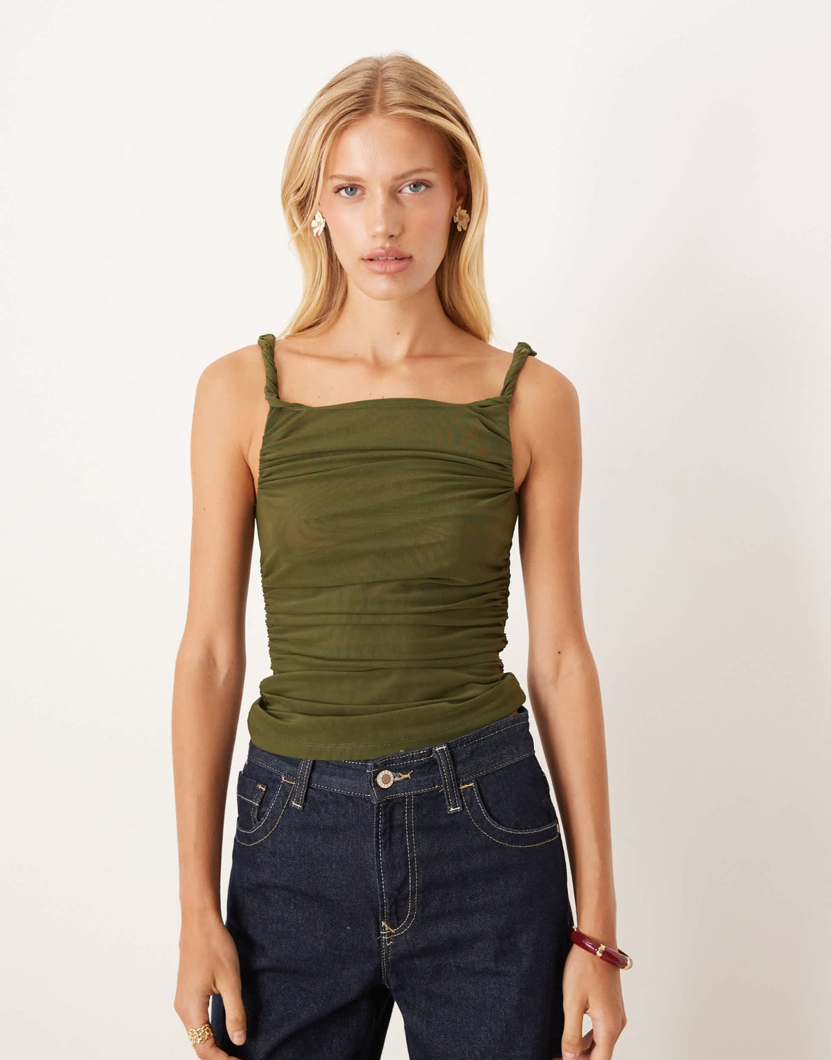 ASOS DESIGN twist sheer mesh ruched side top in olive - ASOS Sample Sale