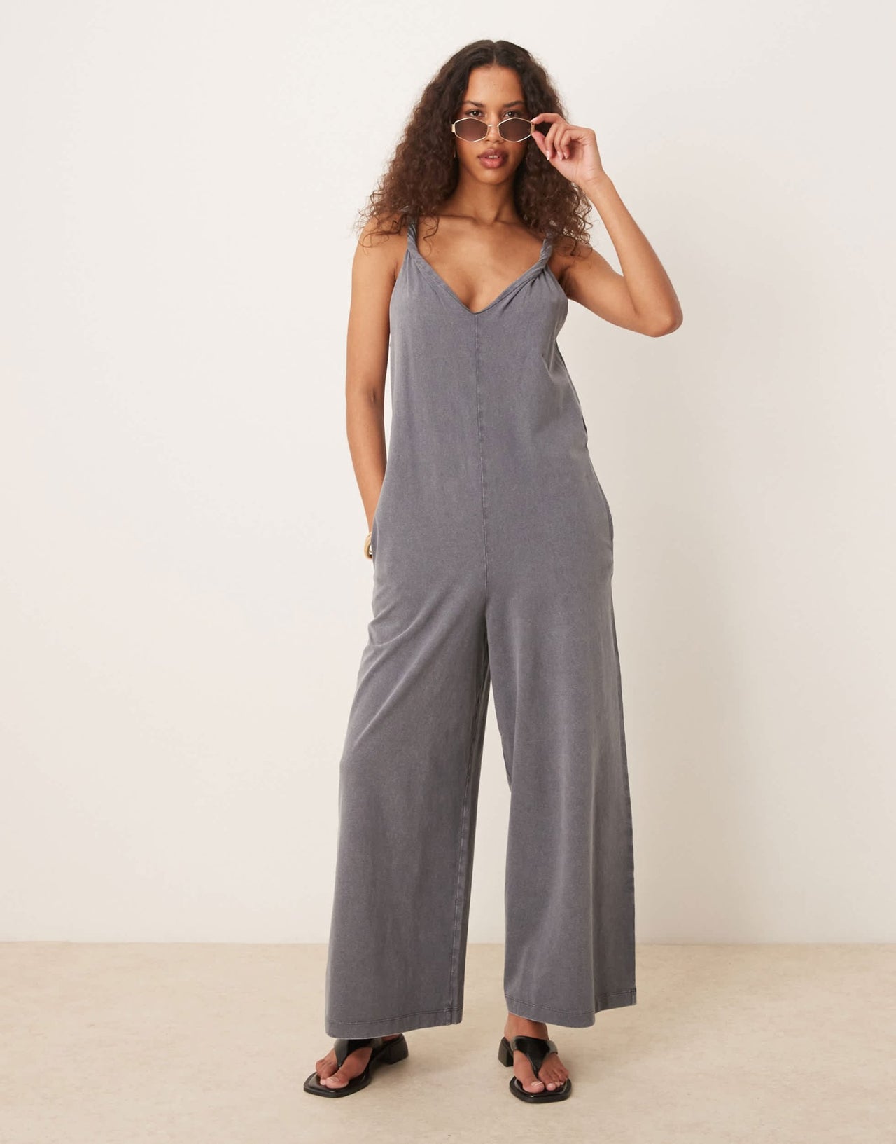 ASOS DESIGN Twist shoulder jumpsuit in washed grey - ASOS Sample Sale