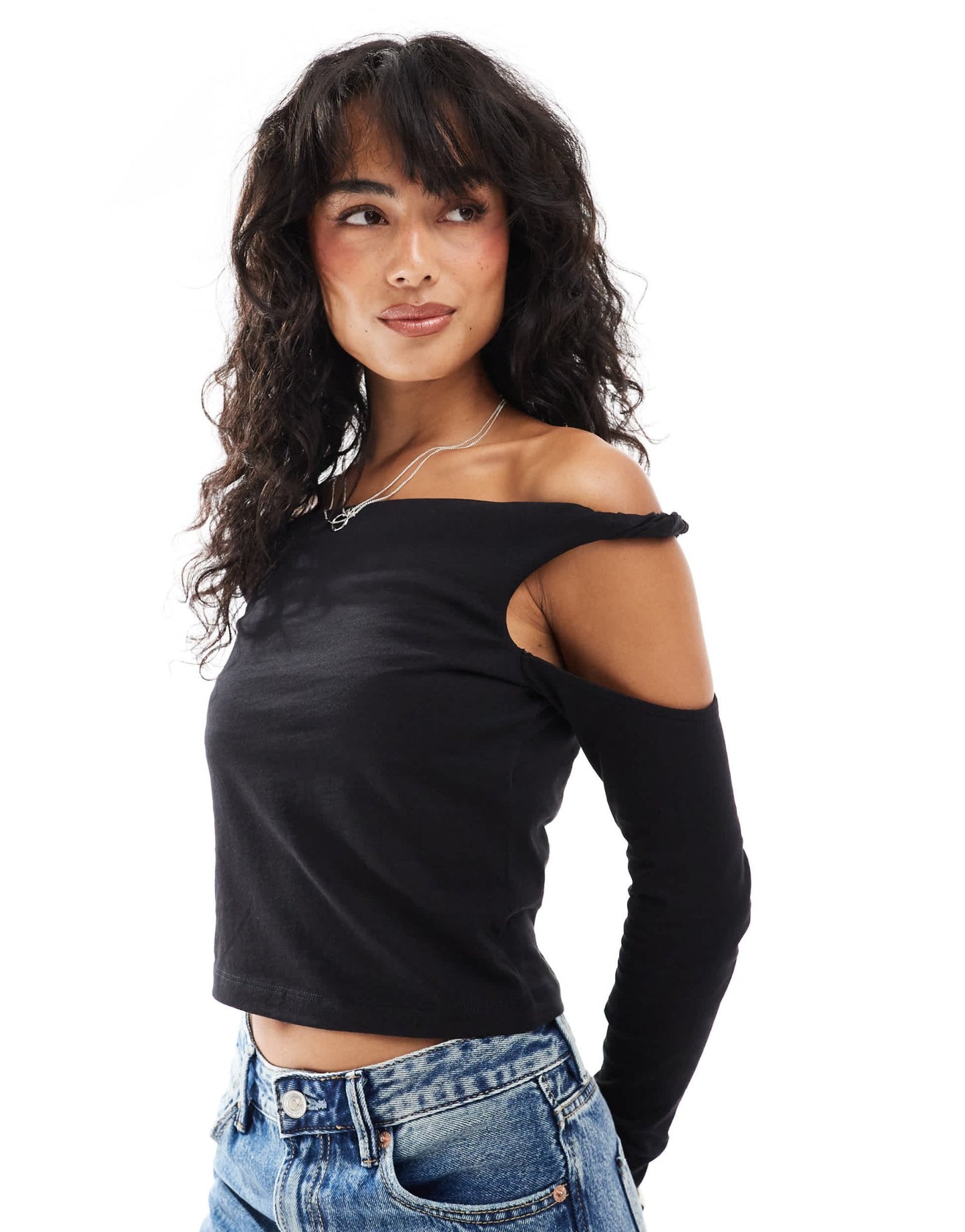 ASOS DESIGN twist strap cold shoulder long sleeve top in black - ASOS Sample Sale