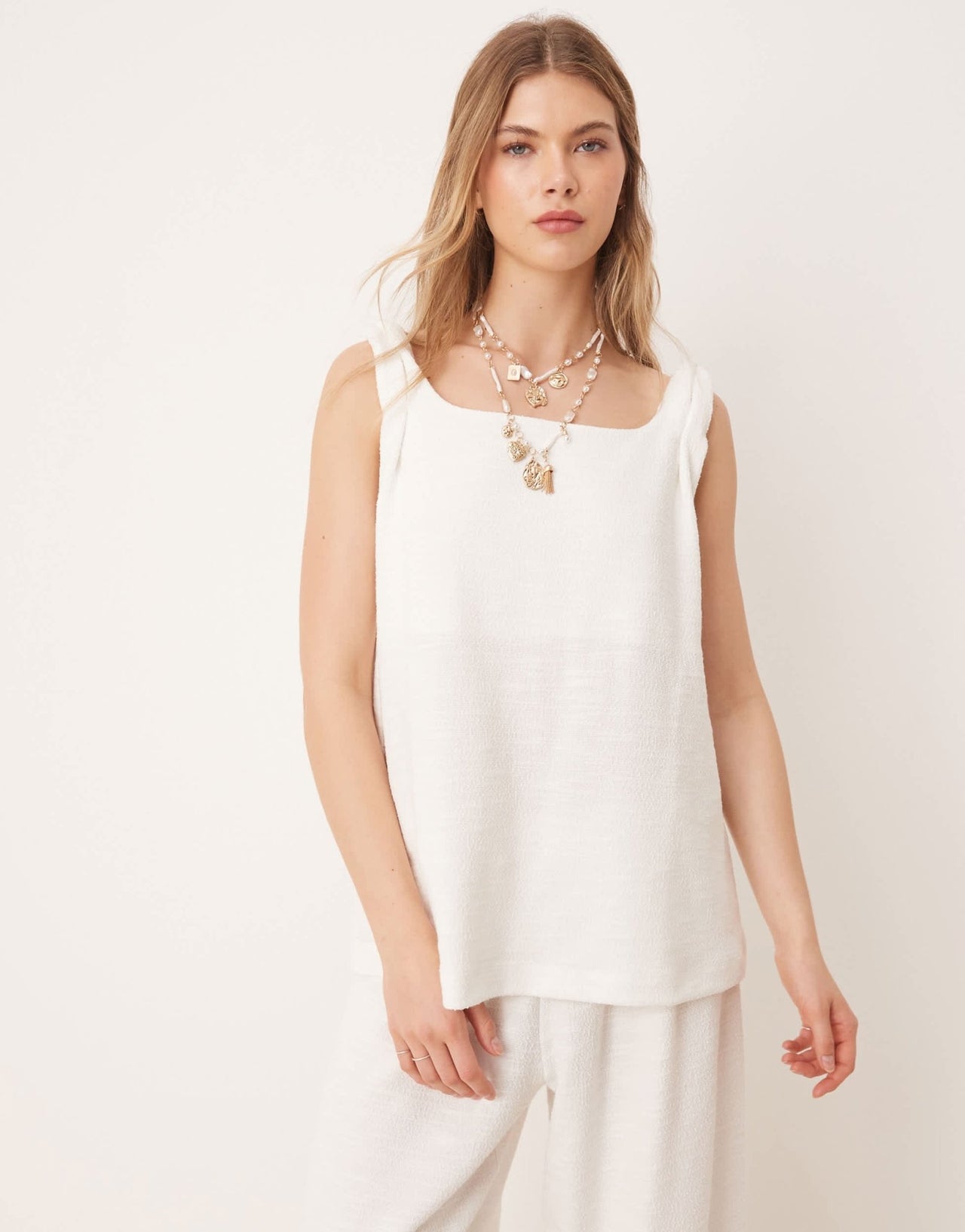 ASOS DESIGN twist strap square neck trapeze top in white boucle - ASOS Sample Sale