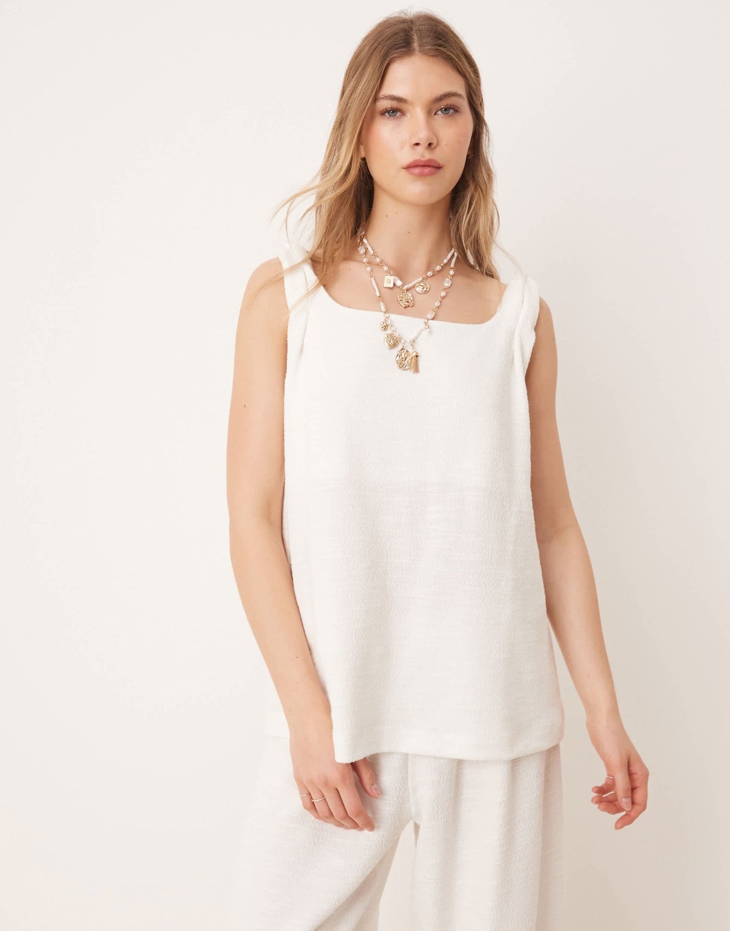 ASOS DESIGN twist strap square neck trapeze top in white boucle - ASOS Sample Sale