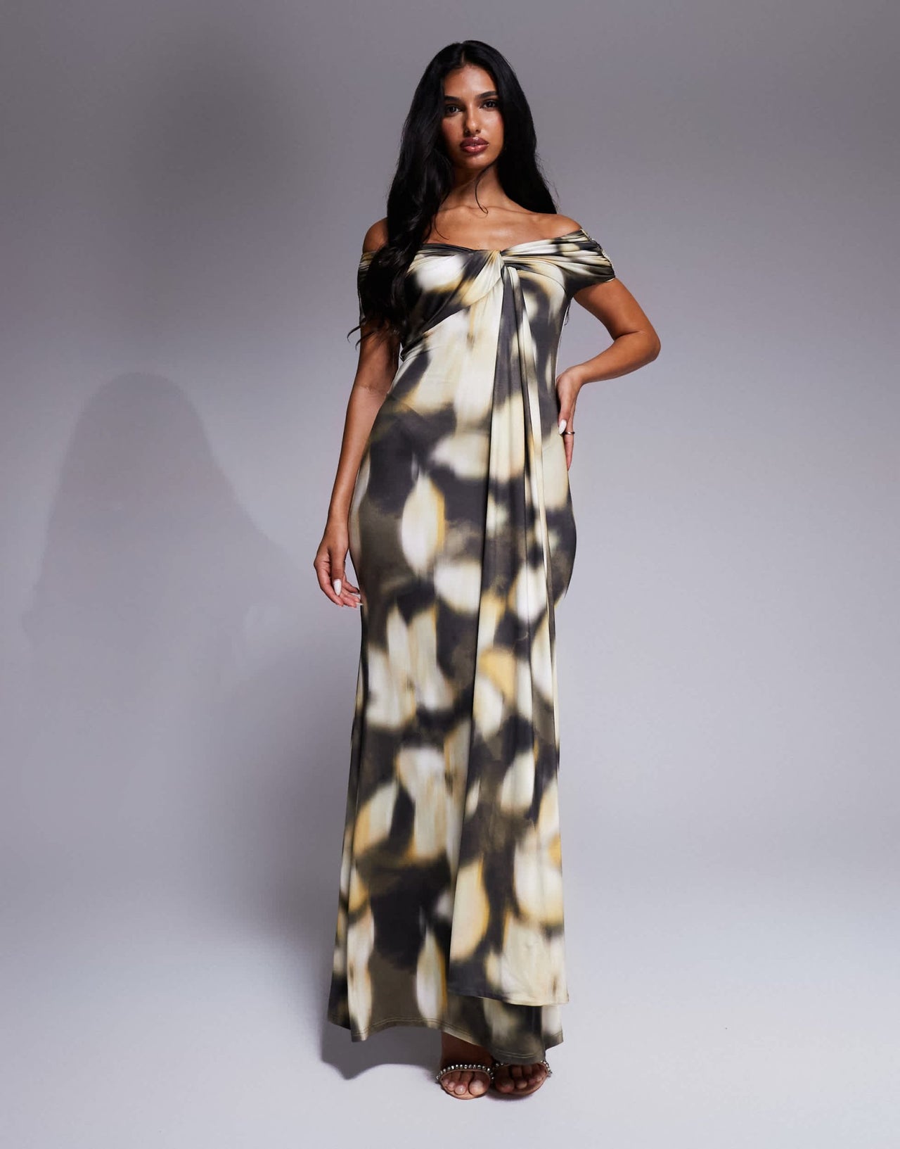 ASOS DESIGN twisted off shoulder knot detail midi dress in oversized blurred floral print - ASOS Sample Sale