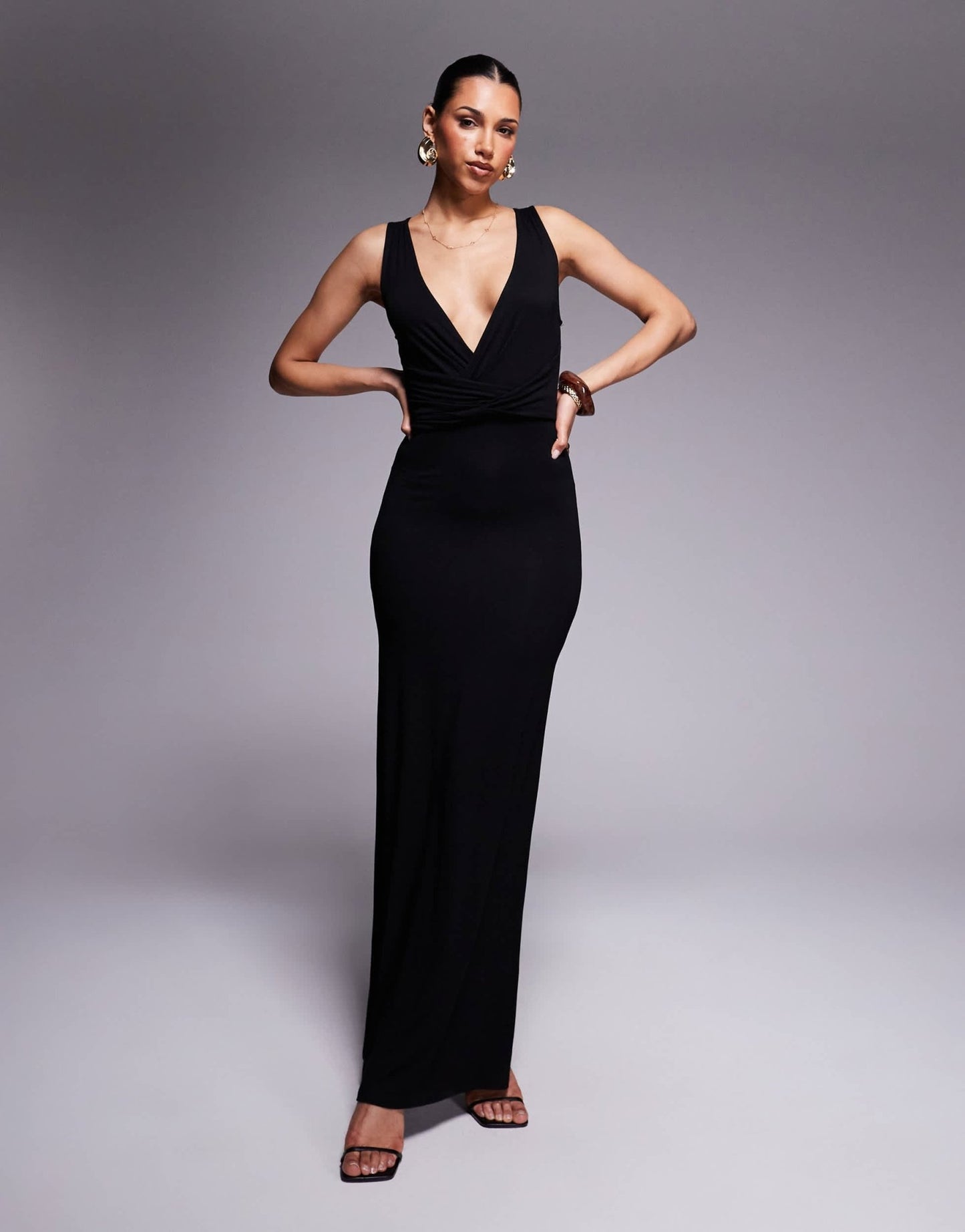 ASOS DESIGN twisted waist plunge maxi dress in black - ASOS Sample Sale