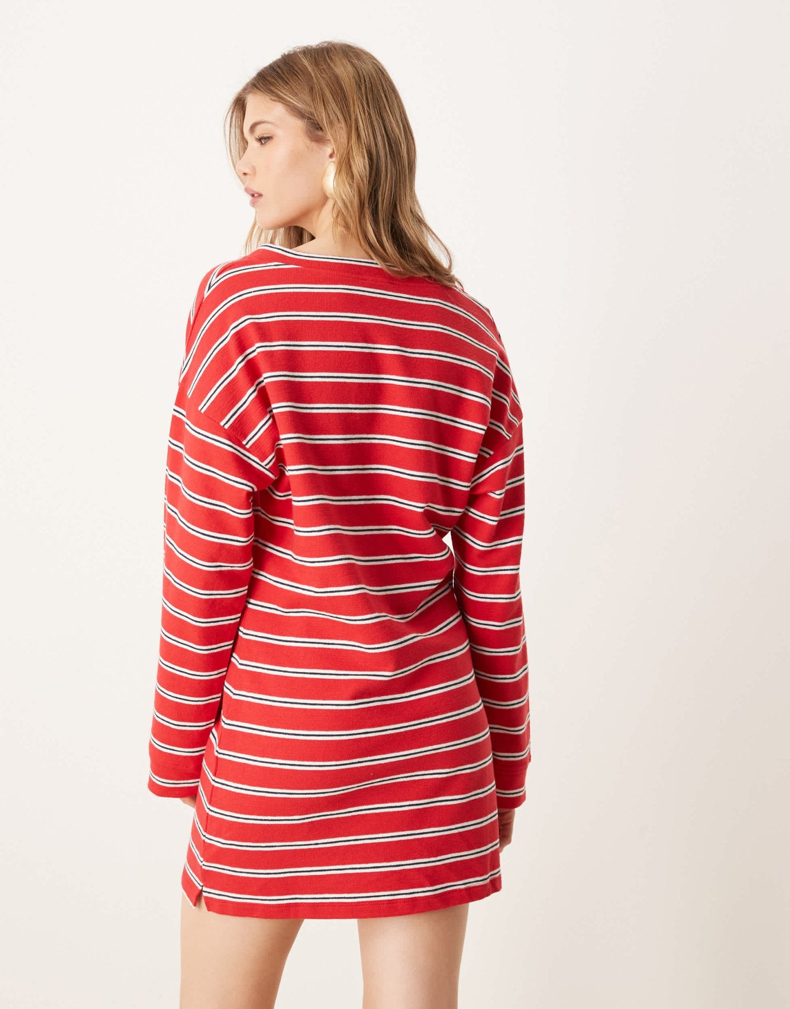 ASOS DESIGN V front long sleeve T-shirt mini dress in red stripe - ASOS Sample Sale