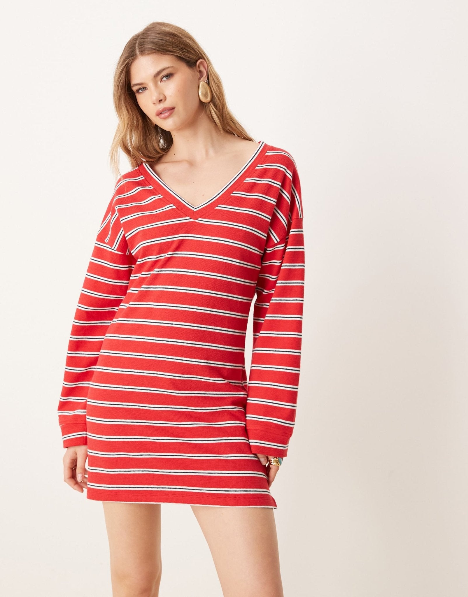 ASOS DESIGN V front long sleeve T-shirt mini dress in red stripe - ASOS Sample Sale