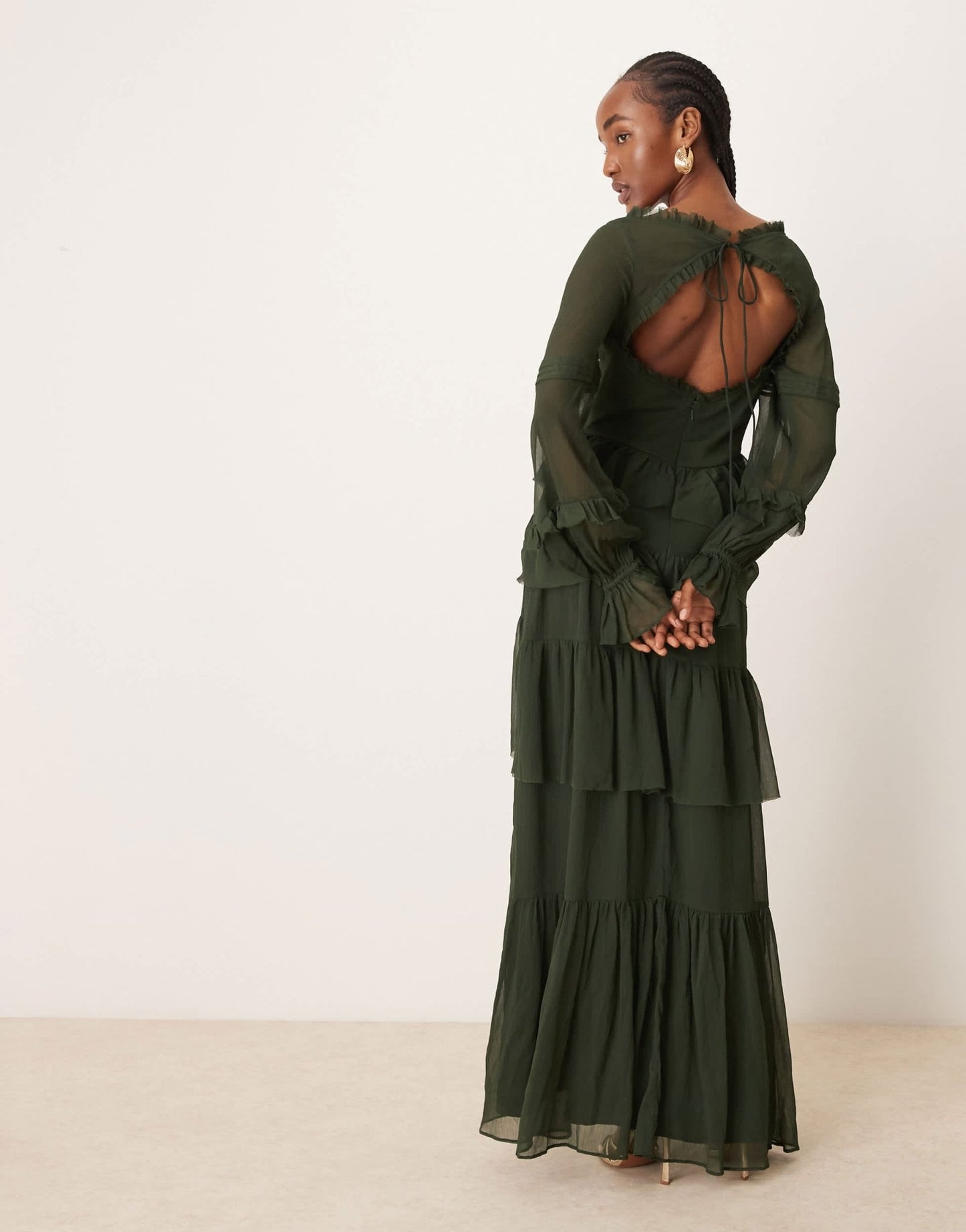 ASOS DESIGN v front tiered ruffle maxi dress with hi low hem and pin tucks in dark olive - ASOS Sample Sale