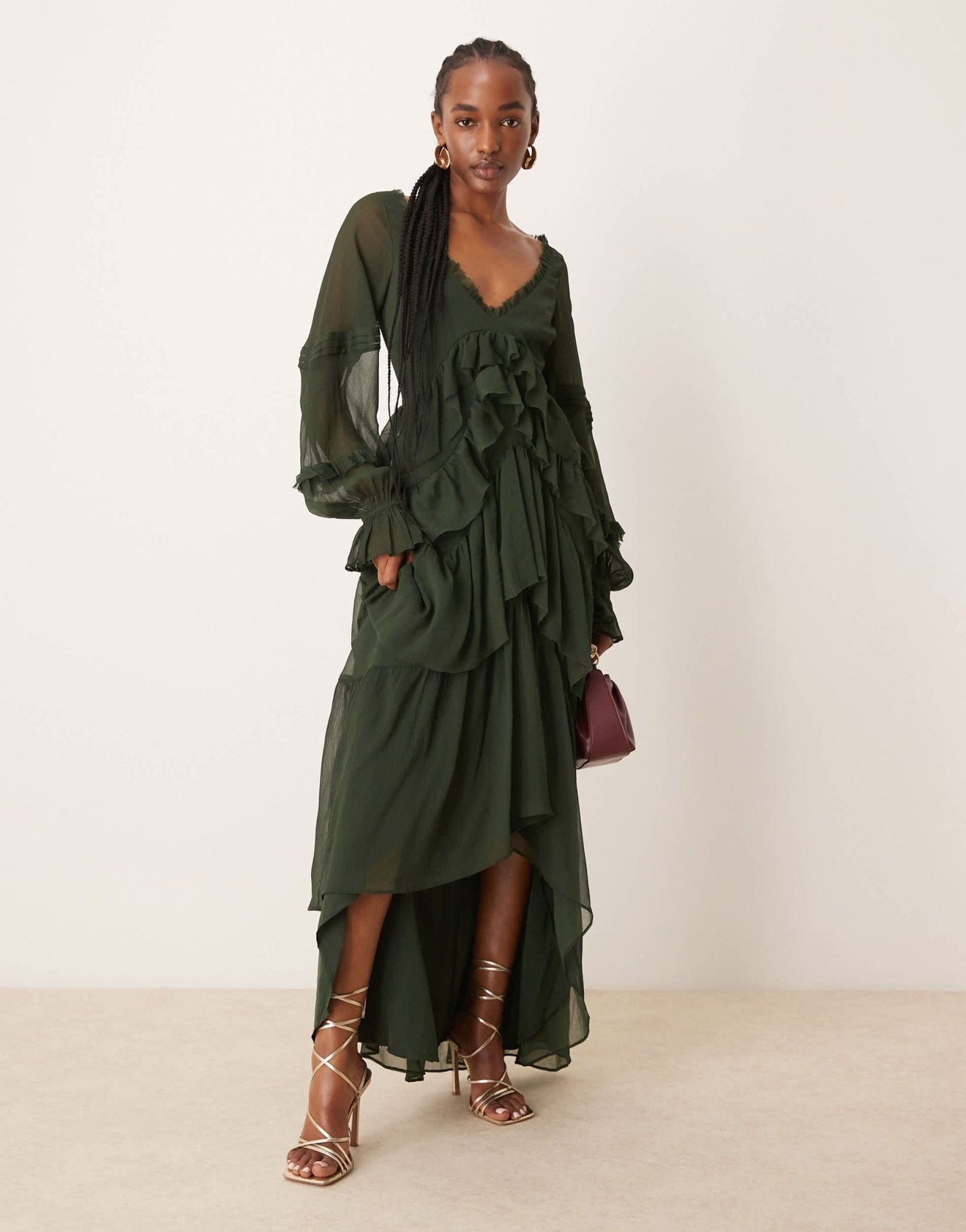 ASOS DESIGN v front tiered ruffle maxi dress with hi low hem and pin tucks in dark olive - ASOS Sample Sale