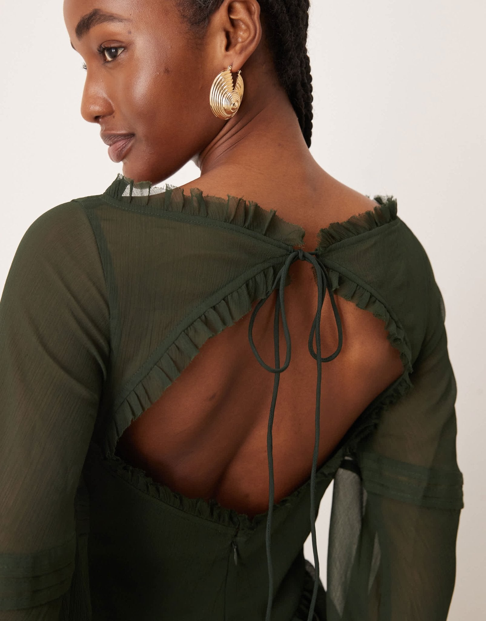 ASOS DESIGN v front tiered ruffle maxi dress with hi low hem and pin tucks in dark olive - ASOS Sample Sale