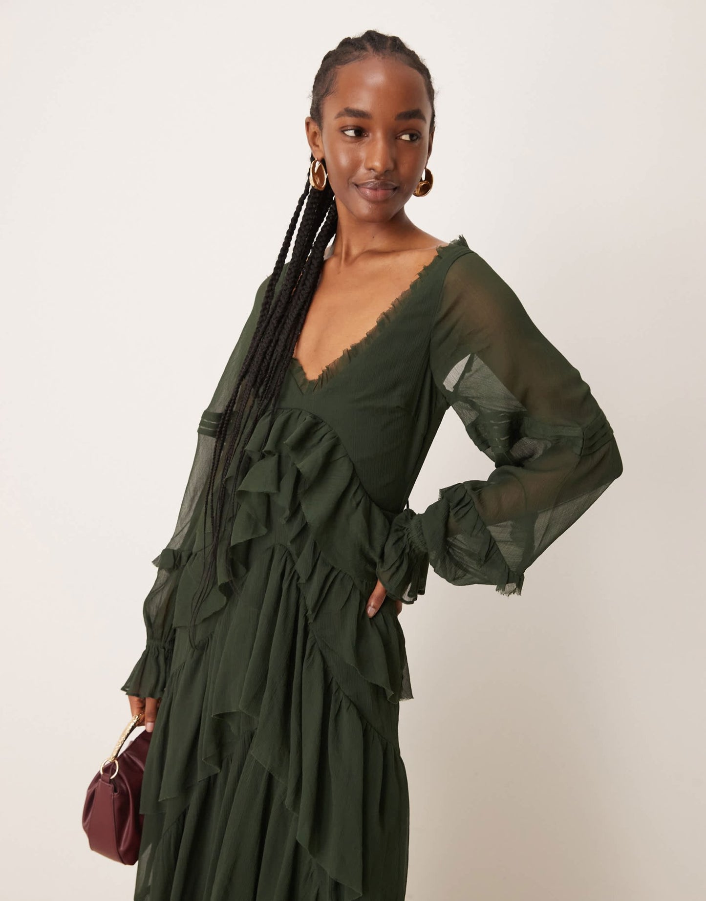 ASOS DESIGN v front tiered ruffle maxi dress with hi low hem and pin tucks in dark olive - ASOS Sample Sale
