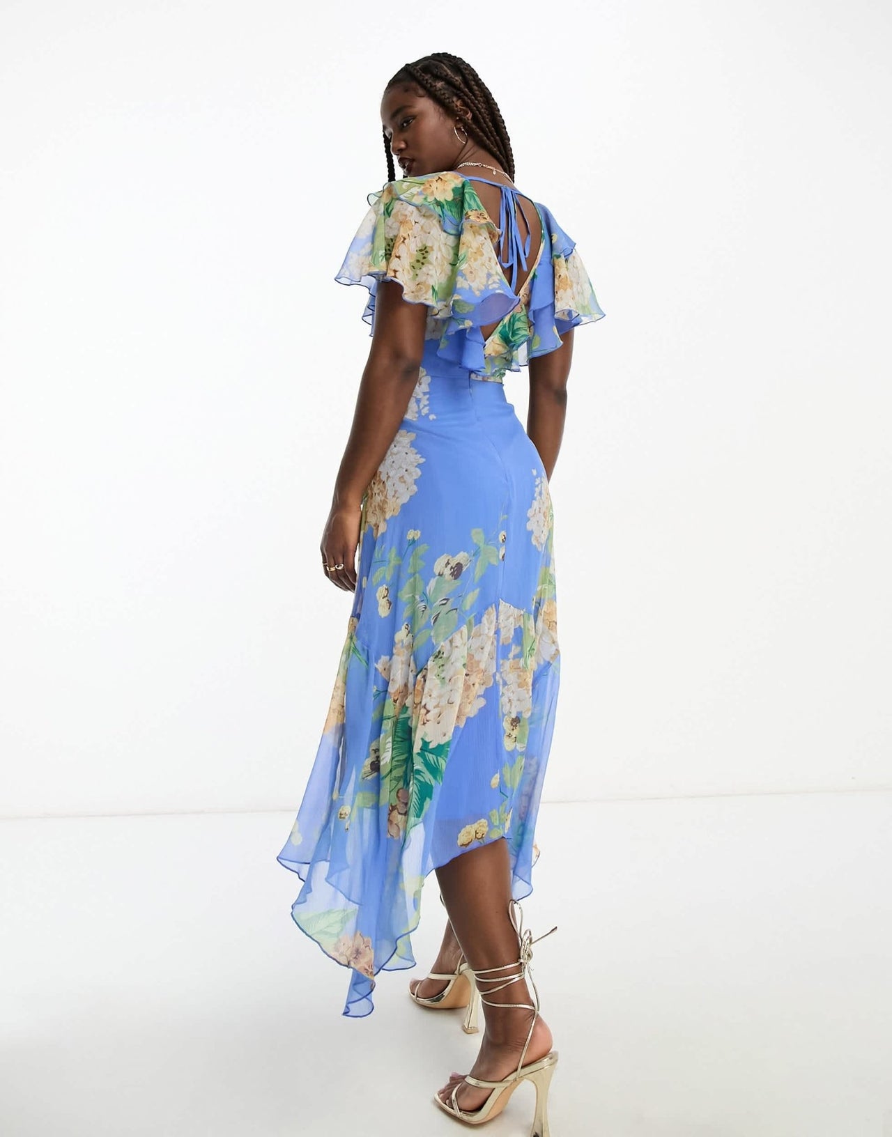 ASOS DESIGN v front v back ruffle midi dress with flutter sleeve and tie belt in blue floral print - ASOS Sample Sale