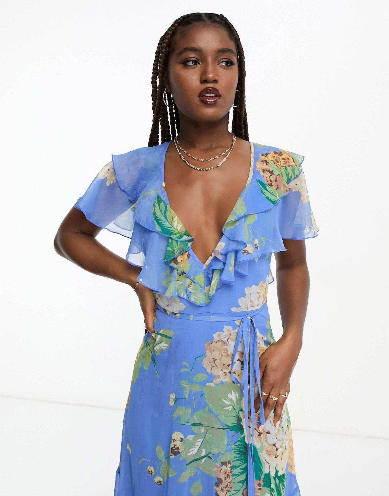 ASOS DESIGN v front v back ruffle midi dress with flutter sleeve and tie belt in blue floral print - ASOS Sample Sale