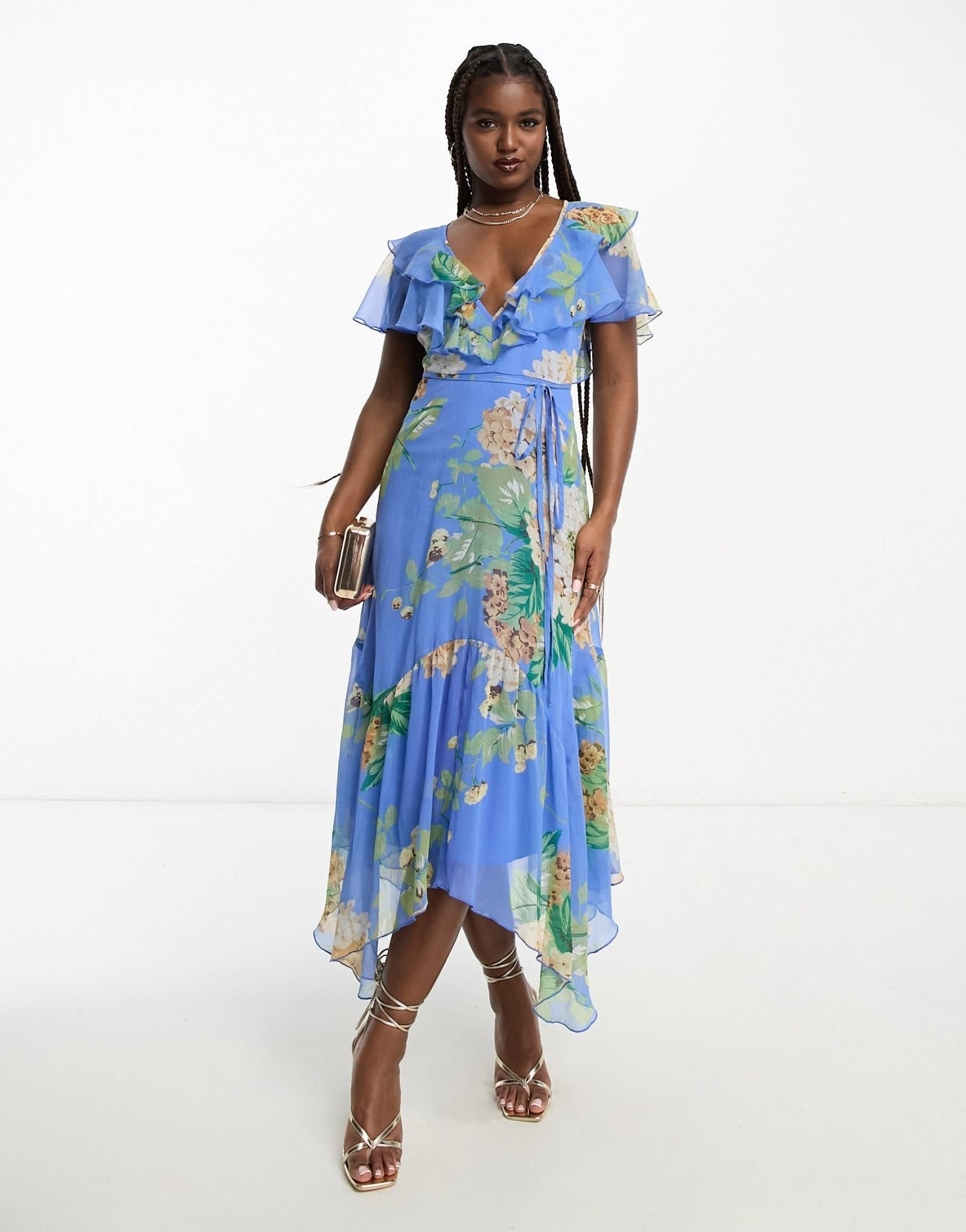 ASOS DESIGN v front v back ruffle midi dress with flutter sleeve and tie belt in blue floral print - ASOS Sample Sale