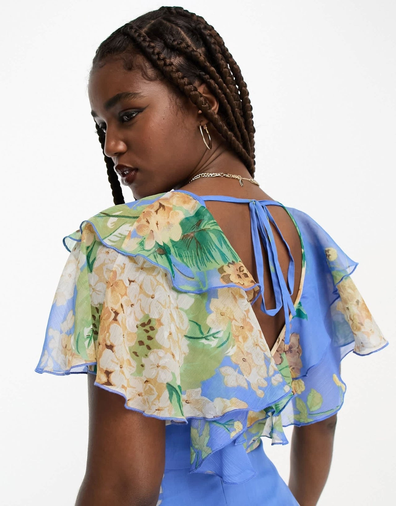 ASOS DESIGN v front v back ruffle midi dress with flutter sleeve and tie belt in blue floral print - ASOS Sample Sale