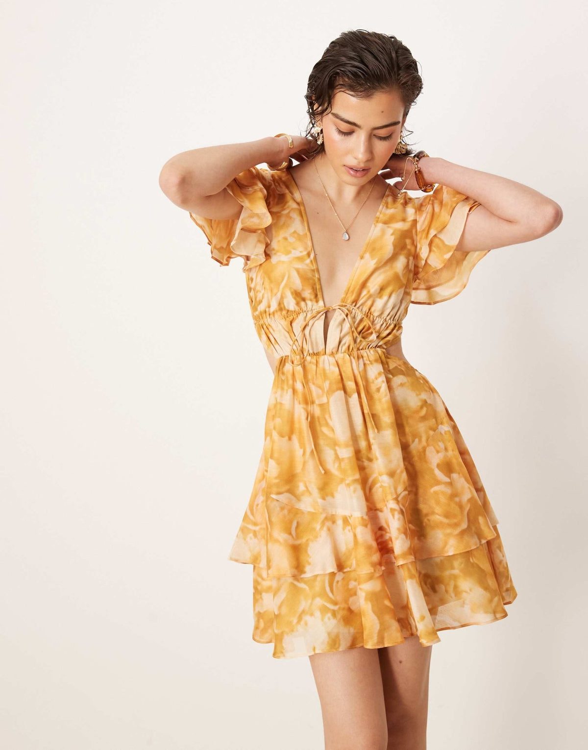 ASOS DESIGN v neck angel sleeve cut out mini dress in floral print - ASOS Sample Sale