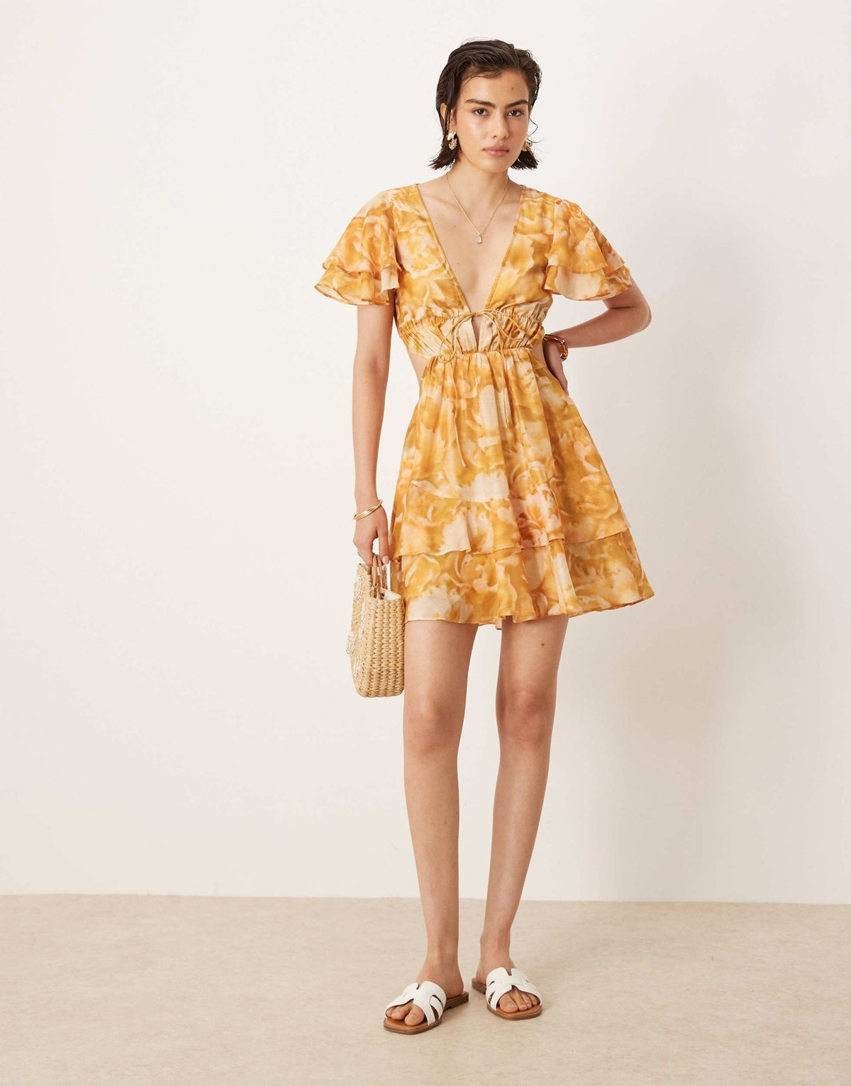 ASOS DESIGN v neck angel sleeve cut out mini dress in floral print - ASOS Sample Sale
