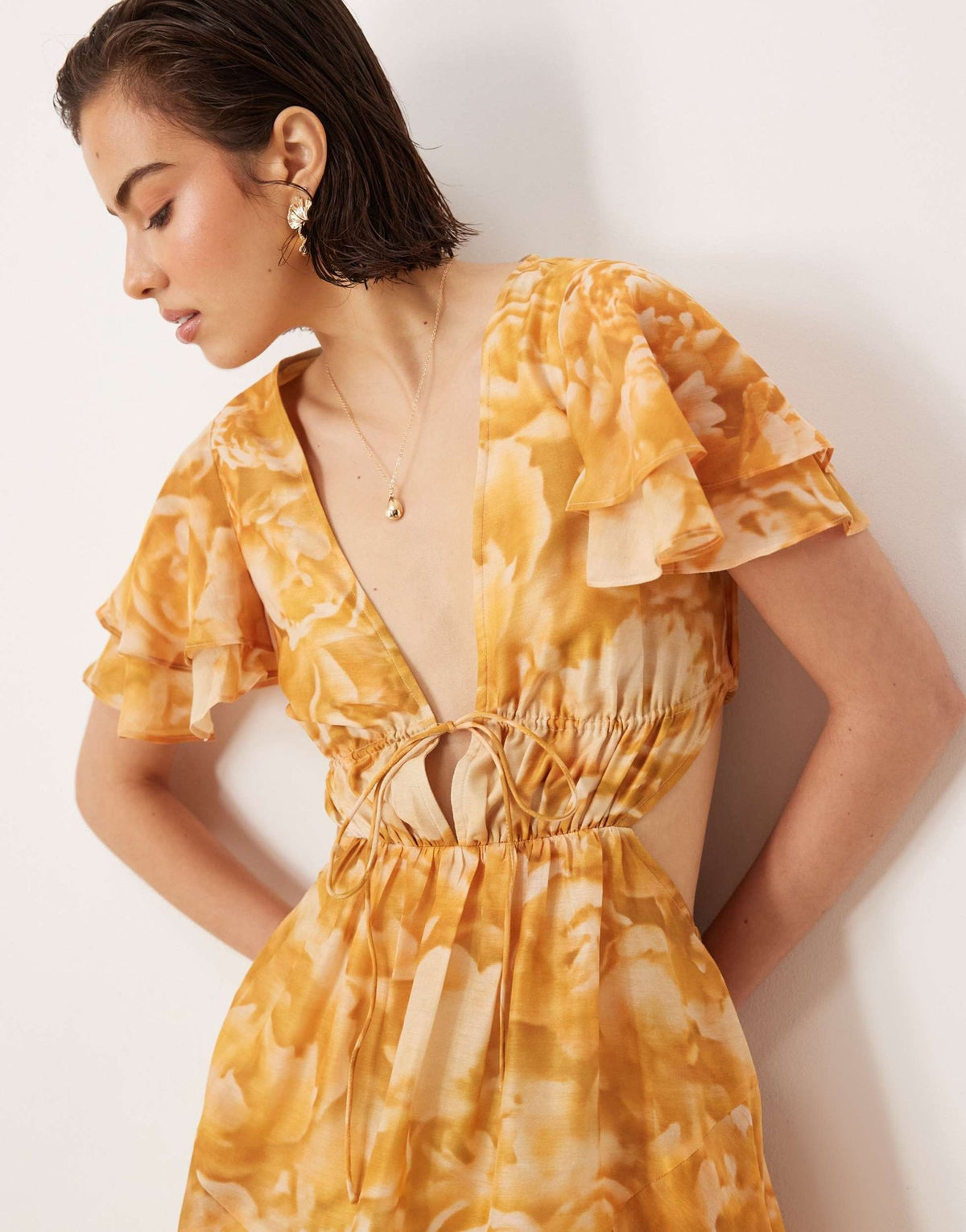 ASOS DESIGN v neck angel sleeve cut out mini dress in floral print - ASOS Sample Sale