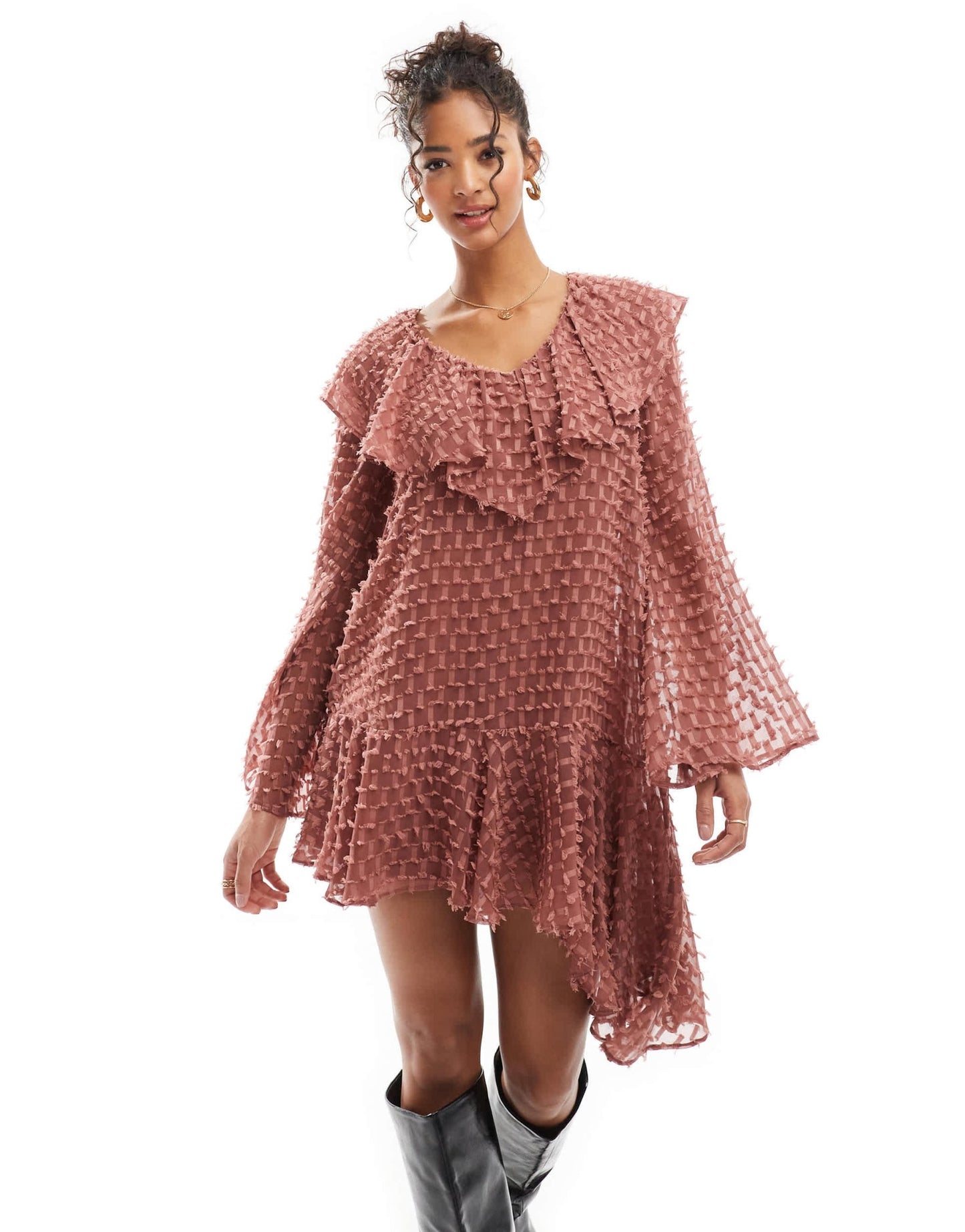 ASOS DESIGN v neck asymmetric hem dobby dress mini in rose - ASOS Sample Sale